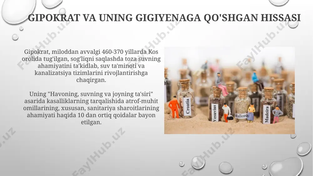 limlari amaliy ko'rsatmalar va qonunlar orqali 50 dan ortiq shaharga tarqatilgan. shaharlarning tozaligi va sanitariya qadimgi misr shaharlarida, miloddan avvalgi 3000 yillarda, kanalizatsiya tizimlari va axlatni tozalashga oid qoidalar mavjud boʻlib, yuqumli kasalliklarning tarqalishini kamaytirishga yordam bergan. mohenjo-daro (indus vodiysidagi qadimgi shahar)da, miloddan avvalgi 2600 yilda, yaxshi rivojlangan kanalizatsiya va suv ta'minoti tizimi mavjud boʻlib, aholi soni 40 000 kishini tashkil etgan. qadimgi xitoyda gigiyenaga oid an'analar miloddan avvalgi 6-asrda yashab o'tgan xitoy shifokori va olimi, bi syu, gigiena bo'yicha 50 dan ortiq asar yozib, yuqumli kasalliklarning oldini olishda tozalikning ahamiyatini ta'kidlagan. xitoyning shimoliy song sulolasi davrida (960-1279 yillar), imperator saroyida suv tozalash va dezinfektsiyalash uchun maxsus usullar qo'llanilgan bo'lib, bu esa aholining salomatligini himoya qilishga xizmat qilgan. jamoat hammomlari va ularning ahamiyati jamoat hammomlarida suvning tozaligi va haroratining nazorati uchun maxsus xodimlar – “hammomchi”lar ishlab, suvni 30-40 daraja haroratda saqlashga harakat qilishgan. markaziy osiyodagi jamoat hammomlari nafaqat gigiena ehtiyojlarini …