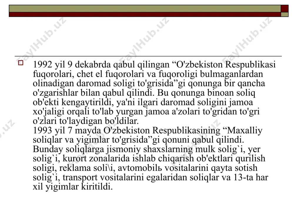 v) davri bazasi hisobot davri hisoboti soliq (to`lov) elementlari. soliq (to`lov) ob’yekti-bu to`lovchida soliq yoki boshqa majburiy to`lov hisoblab chiqarish va to`lash yuzasidan majburiyat keltirib chiqaradigan narsa (daromad, mol-mulk, yer, harakat va ularning natijasi). soliq (to`lov) bazasi (soliq solinadigan baza)- soliq (to`lov) ob’yektining soliq (to`lov) summasi hisoblab chiqariladigan miqdori bo`lib, u qiymat (so`m) yoki natural (tonna, kg, litr va boshqa) ko`rsatkichlarda ifodalanadi. soliq (to`lov) bazasi ikki usulda aniqlanishi mumkin: 1) kassa usuli bo`lib, haqiqatan kelib tushgan daromad, mol-mulk yoki boshqa boyliklar summasi va ular bilan bog`liq real xarajatlar summasi asosida aniqlanadi; 2) hisoblab yozish usuli bo`lib, soliq (to`lov) davrida haqiqatan kelib tushishi yoki tushmasligidan qat’iy nazar kelib tushishi kerak bo`lgan daromad, mol-mulk yoki boshqa boyliklar summasi asosida hisoblanadi. образец текста второй уровень третий уровень четвертый уровень пятый уровень soliq (to`lov)ni to`lash tartibi-soliqni (to`lovni) to`lash (undirish) usullari majmui bo`lib, u quyidagi usullarni nazarda tutadi: kadastr usuli-soliq (to`lov) summasini mol-mulk yoki boshqa …