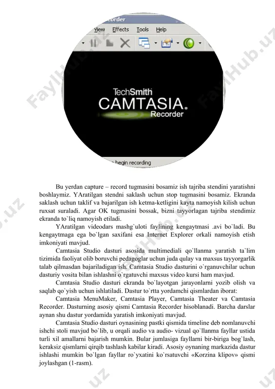 dasturni kompyuterga o`rnatamiz. dastur o`rnatib bo`lingach ekranda camstudio yorligi paydo bo`ladi. bu yorliq yordamida dasturni ishga yuklaymiz va ekranda quyidagi ko`rinish hosil bo`ladi. bu yerdan capture – record tugmasini bosamiz ish tajriba stendini yaratishni boshlaymiz. yaratilgan stendni saklash uchun stop tugmasini bosamiz. ekranda saklash uchun taklif va bajarilgan ish ketma-ketligini kayta namoyish kilish uchun ruxsat suraladi. agar ok tugmasini bossak, bizni tayyorlagan tajriba stendimiz ekranda to`liq namoyish etiladi. yaratilgan videodars mashg`uloti faylining kengaytmasi .avi bo`ladi. bu kengaytmaga ega bo`lgan saxifani esa internet explorer orkali namoyish etish imkoniyati mavjud. camtasia studio dasturi asosida multimediali qo`llanma yaratish ta`lim tizimida faoliyat olib boruvchi pedagoglar uchun juda qulay va maxsus tayyorgarlik talab qilmasdan bajariladigan ish. camtasia studio dasturini o`rganuvchilar uchun dasturiy vosita bilan ishlashni o`rgatuvchi maxsus video kursi ham mavjud. camtasia studio dasturi ekranda bo`layotgan jarayonlarni yozib olish va saqlab qo`yish uchun ishlatiladi. dastur to`rtta yordamchi qismlardan iborat: camtasia menumaker, camtasia player, camtasia theater …