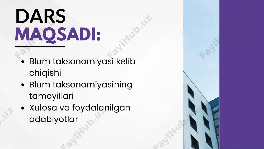 ning to‘g‘ri chiziqli tekis harakat tezligini hisoblay oladi. apply tatbiq (application) – yangi muammolarni tanish bo‘lgan tamoyillar va umumlashtirishlar orqali yecha olish. o‘quvchilar o‘z bilim va malakalarini ma’lum masalani yechishga yo‘naltiradi. qo‘llash darajasi blum taksonomiyaning “mahsuldor faoliyat” bosqichi hisoblanadi. ya’ni bu daraja nostandart vazifalarda va yangi notanish holatlarda o‘rganilgan bilimlarni qo’llay olish qobiliyatini anglatadi. tatbiq darajasiga misol: o‘quvchilar nyutonning ikkinchi qonunidan foydalanib jismning tezlanishini topa oladi. analyze tahlil (analyze) – bu muammoning tuzilishini tushunish uchun ma’lumotlarni asosiy elementlarga bo‘lish, bo‘lingan qismlarning xususiyatlarini va ular orasidagi bog‘liqlikni aniqlay olish qobiliyatidir. o‘quvchilar bu darajada turli qismlar o‘rtasidagi munosabatlarni tushunadi, tanqidiy fikrlay oladi va ma’lumotlarni tahlil qila oladi. tahlil darajasiga misollar: dars oxirida o‘quvchi qiya tekislikda harakatlanayotgan jismga ta’sir etuvchi kuchlarni tahlil qila oladi. evaluate baholash (evaluation) - ichki yoki tashqi mezonlar asosida holat, voqea-hodisalarga baho berish, masala yuzasidan mulohazalar yuritish, mantiqiy yoki falsafiy nuqtayi nazardan yondashish. baholash darajasiga misollar: o‘quvchi sun’iy yo‘ldoshning …