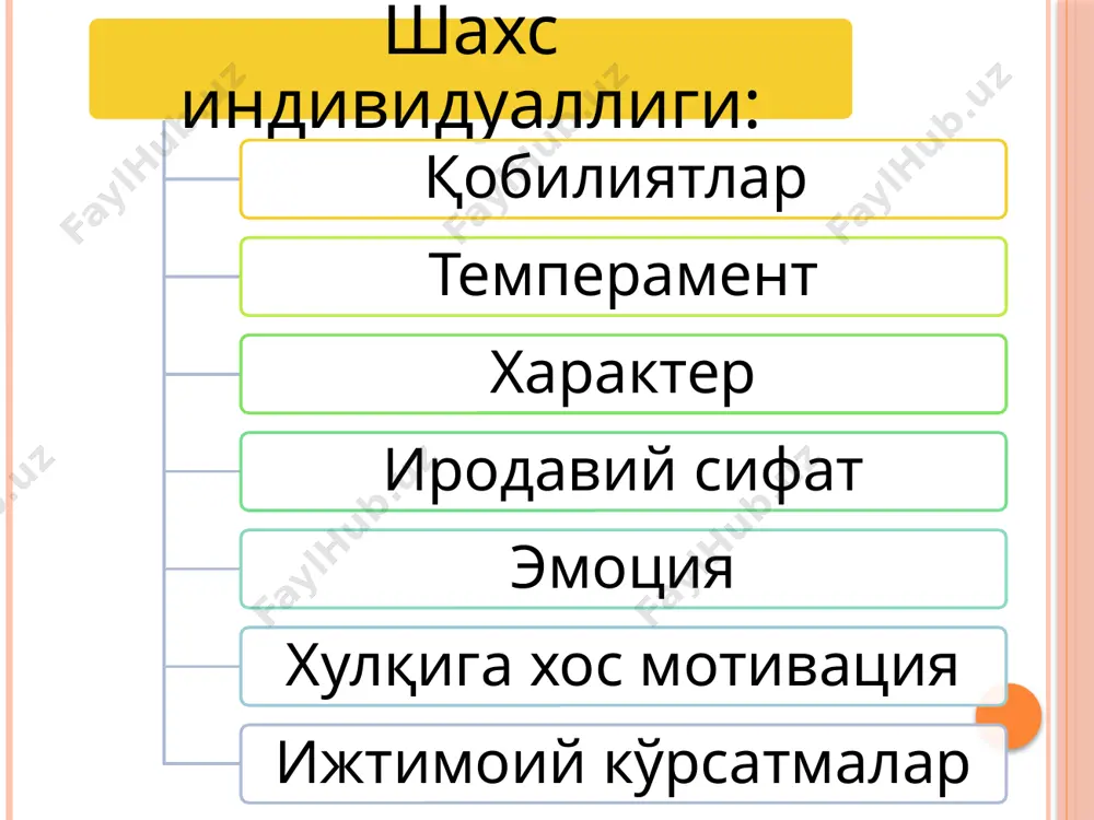 аниш, уларни кенгайтиришга қаратилган турғун, барқарор тенденциялар, яъни бу одамнинг ким эканлиги. психологияда характернинг қуйидаги тизими эътироф этилади: мехнат фаолиятида намоён бўладиган хулқ-атвор хусусиятлар – мехнатсеварлик, мехнаткашлик, ташаббускорлик, ишга лаёқат, ишга қобиллик, маъсулият, дангасалик, қўнимсизлик ва бошқалар. инсонпарварга нисбатан бўлган муносабатларда намоён бўладиган сифатлар – одоблилик, мехрибонлик, жонсараклик, дилгирлик, мулоқотга киришувчанлик, альтруизм, ғамхўрлик, рахм-шафқат ва бошқалар ўз-ўзига муносабатга алоқадор характерга оид сифатлар – камтарлик, камсуқумлик, мағрурлик, ўзига бино қўйиш, ўз-ўзини танқид, ибо, шарму хаё, манмансираш ва бошқалар. нарсалар ва ходисаларга муносабатларда намоён бўладиган хусусиятлар тартиблилик, оқиллик, саранжом-саришталик, қўли очиқлик, зиқналик, тежамкорлик, покизалик ва бошқалар. характер хусусиятларининг нималарда намоён бўлиши, уларнинг белгилари масаласи хам амалий жихатдан мухим. энг аввало, характер инсоннинг хатти-харакатлари ва амалларида намоён бўлади. одамнинг онгли ва мақсадга қаратилган харакатлари унинг ким эканлигидан дарак беради. нутқнинг хусусиятлари (баланд товуш билан ёки секин гапириши, тез ёки босиқлиги, эмоционал бой ёки жонсиз) хам характернинг йўналишини белгилайди. ташқи қиёфа – юзининг очиқ …