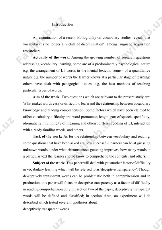 l be referred to as 'deceptive transparency'. though de-ceptively transparent words can be problematic both in comprehension and in production, this paper will focus on deceptive transparency as a factor of dif-ficulty in reading comprehension only. in section two of the paper, deceptively transparent words will be defined and classified; in section three, an experiment will de described which tested several hypotheses about deceptively transparent words. chapter i. a factor of difficulty in vocabulary learning: deceptive transparency ullman discusses three types of transparent words[footnoteref:1]. the most frequent [1: ulman] ones are morphologically transparent words (or morphologically motivated) those words whose meaning can be determined from the meanings of their parts, e.g. 'doorman', 'unavoidable'. the second type includes words whose sense can be understood from the sound form e.g 'bang', 'snore', 'crack'. these are the onomatopoeic words, the ones that are phonologically motivated. the third type of transparent words are the …