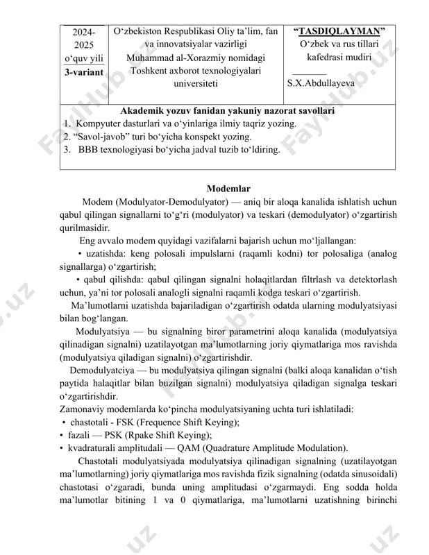 kita qiymati mos keladi, masalan, 980 gc va 1180 gc. chastotali modulyatsiya holaqitlarga juda turg‘undir, uzatishda signalning faqat amplitudasi buziladi. fazali modulyatsiyada modulyatsiya qilinadigan kattalik bo‘lib signal fazasi hisoblanadi, bunda uning chastotasi va amplitudasi o‘zgarmaydi; faza-modulyatsiya qilingan signalning halaqitlarga chidamliligi ham yuqoridir. signalning sof amplitudali modulyatsiyasida uning halaqitlardan himoyalanganligi juda pastdir, shuning uchun halaqitlarga chidamliroq, lekin yanada murakkabroq kvadraturali amplitudali modulyatsiya qo‘llaniladi, bunda uzatilayotgan ma’lumotlar taktida bir vaqtning o‘zida signalning ham fazasi, ham amplitudasi o‘zgaradi. modemlarda ma’lumotlarni uzatish va ularni o‘zgartirish qabul qilingan bayonnomalarga mos ravishda bajariladi. ma’lumotlarni uzatish bayonnomasi — bu ma’lumotlar shaklini va ularning aloqa kanalida uzatish jarayonlarini reglamentlovchi (tartiblovchi) qoidalar to‘plamidir. bayonnomada, xususan, quyidagilar ko‘rsatilishi mumkin: ma’lumotlar qanday tasvirlanadi, ma’lumotlarni uzatishni tezlashtirish va himoya qilish maqsadida qanday modulyatsiya turi tanlanadi, kanal bilan ulanish, kanalda amaldagi shovqinlarni bartaraf еtish va ma’lumotlarni uzatishning ishonchliligini ta’minlash qanday bajariladi. standart odatda o‘z ichiga bayonnomalar to‘plamini oladi, kam hollarda bitta bayonnomani oladi. …