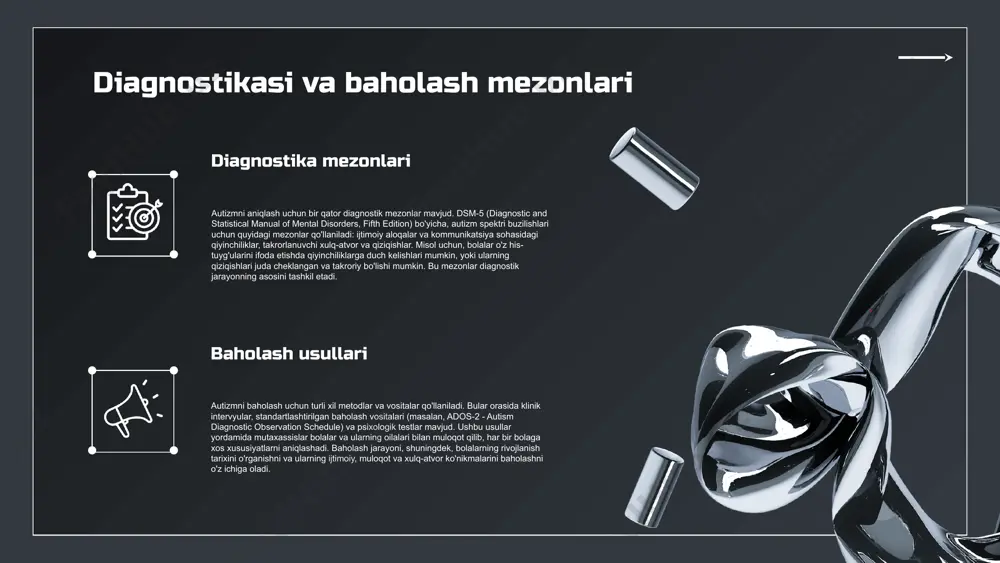 i asosida baholash o'tkaziladi. ta'limda autizmli bolalarga individual yondashuv va maxsus dasturlar zarur. qo'llab-quvvatlash usullari, masalan, xulq-atvor terapiyasi va ijtimoiy ko'nikmalarni rivojlantirish, muhim ahamiyatga ega. shuningdek, autizmli shaxslarning ijtimoiy hayoti va oilaviy munosabatlari haqida ham o'ylash zarur. foydalanilgan adabiyotlar 1. xodjayev, a. sh. autizm va uning belgilari. o'zbekiston respublikasi sog'liqni saqlash vazirligi, 2022 2. shukurov, a. autizmni aniqlash va diagnostikasi. o'zbekiston fanlar akademiyasi, 2021 3. murodov, i. autizmda ta'lim va qo'llab-quvvatlash usullari. o'zbekiston ta'lim vazirligi, 2023 4. tursunov, a. autizm va ijtimoiy hayot: muammolar va yechimlar. o'zbekiston ijtimoiy fanlar instituti, 2020 5. isroilov, m. autizmning ijtimoiy hayotga ta'siri. jurnal of psychological research in uzbekistan, 2023 e'tiboringiz uchun rahmat! image1.png image2.png image3.png image4.png image5.png image6.png image7.png image8.png image9.png image10.png image11.png image14.png image15.png image16.png image17.png image18.png image19.png image20.png image21.png image34.png image35.png image36.png