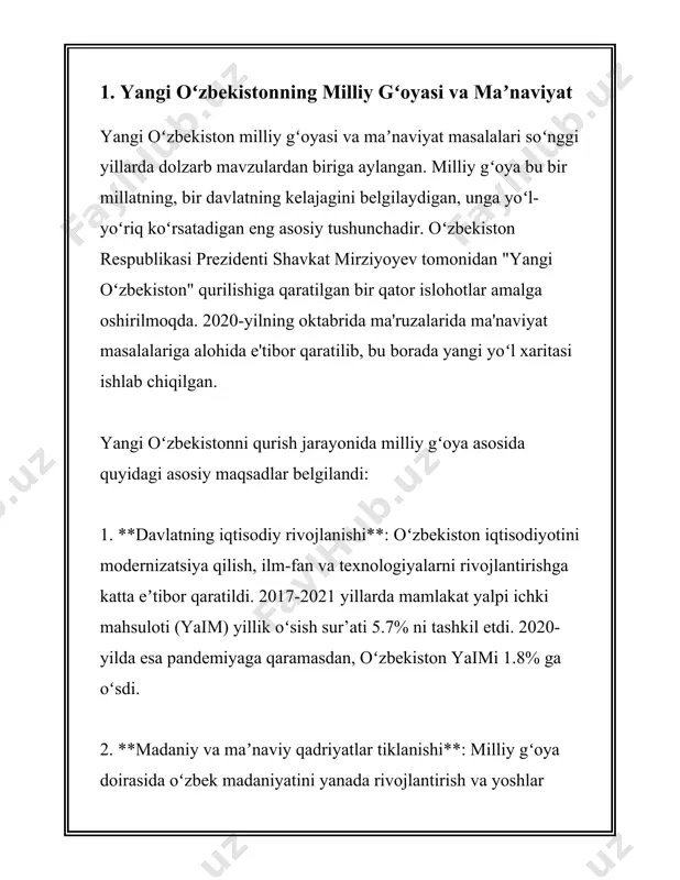otgan turli dasturlar va strategiyalar orqali olib boriladi. anʼanalarni qayta tiklash va rivojlantirish jarayonidagi asosiy yoʻnalishlar quyidagilardir: 1. **madaniy merosni himoya qilish va restavratsiya qilish**: oʻzbekiston hududida turli tarixiy davrlar va uygʻonishlar davrlarida yaratilgan son-sanoqsiz arxitektura yodgorliklari, masjidlar, madrasalar va qadamjolar mavjud. ularni tiklash va avlodlar uchun saqlab qolish muhim vazifalardan hisoblanadi. soʻnggi yillarda hukumat tomonidan yuzlab tarixiy obidalar restavratsiya qilinib, qayta ochib berildi. 2. **anʼanaviy xalq hunarmandchiligi va sanʼatlarini rivojlantirish**: oʻzbekistonda anʼanaviy hunarmandchilik – bu naqsh solish, kashtadoʻzlik, keramika, yogʻoch oʻymakorligi, zargarlik kabi turli sohalarni oʻz ichiga oladi. shu maqsadda turli koʻrgazmalar, yarmarkalar tashkil etilib, hunarmandlar oʻz mahsulotlarini ko‘rsatish va sotish imkoniyatiga ega bo‘ladilar. shuningdek, "hunarmand" uyushmasi orqali ustalar qo‘llab-quvvatlanib, ularning tajribalari oʻrganiladi va yoshlarga oʻrgatiladi. 3. **milliy musiqani targʻib qilish va rivojlantirish**: oʻzbekistonda milliy musiqa janrlari, masalan maqom, dostonchilik rivojlanmoqda va bu yoʻnalishda turli maqom festival va tanlovlari tashkil etiladi. oʻzbekiston davlat konservatoriyasi va boshqa musiqiy taʼlim muassasalari …