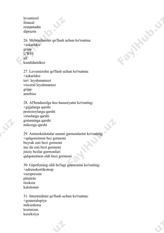 mansub preparatni ko'rsating: +flufenam kislota naproksen ibuprofen acetilsalicil kislota diklofenak-natriy 62. steroid tuzilishga e`ga yalig’lanishga qarshi ta`sir mexanizmining asosiy komponenti: +fosfolipazalarni susayishi ciklooksigenazalarni susayishi arahidon kislotasi sintezini kuchaytiradi prostaglandinlar sintezini kuchaytiradi oksikislotalar va leykotrienlar sintezini kuchaytiradi 63. triamiconolning yalig’lanishga qarshi ta`sir mexanizmining asosiy komponenti: +arahidon kislotasi sintezini susytiradi stimulyasiya fosfolipazalarni kuchaytiradi prostaglandinlar sintezini kuchaytiradi oksikislotalar va leykotrienlar sintezini kuchaytiradi difolatreduktazalrni susaytiradi 64. lornoksikamga hos hususiyatlarni ko'rsating: +yaliғg’lanishga qarshi cog-1ni tanlab susaytiradi cog-2ni tanlab susaytiradi pirogen ta`sir gistominga qarshi 65. n-1-receptorlarni bloklovchi gistaminga qarshi preparatni ko'rsating: +diazolin indometacin ranitidin cimetidin famotidin 66. tetragidrokarbolinlar guruhiga mansub n-1-receptorlarni bloklovchi gistaminga qarshi preparatni ko'rsating: +diazolin dimedrol suprastin diprazin fenkarol 67. e`tanolaminlar guruhiga mansub gistaminga qarshi preparatni ko'rsating: +dimedrol suprastin loratadin diprazin diazolin 68. mns kuchli darajada susaytiruvchi h-1-receptorlarni bloklovchi gistaminga qarshi preparatni ko'rsating: +dimedrol diazolin cimetidin ranitidin loratadin 69. h1- receptorlini bloklovchi gistaminga qarshi vositalar tomonidan bartaraf qilinadigan gistaminning asosiy ta`sirini ko'rsating: +bronh mushaklarini …