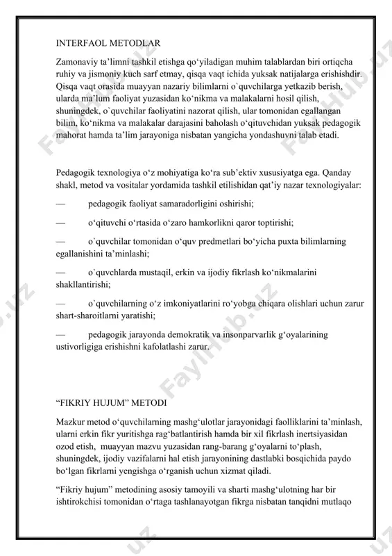 ishtirokini ta’minlashdir. ta’lim jarayonida ushbu metoddan foydalanish o‘qituvchining pedagogik mahorati va tafakkur ko‘lamining kengligiga bog‘liq bo‘ladi. “fikriy hujum” metodidan foydalanish chog‘ida o‘quvchilarning soni 10-15 nafardan oshmasligi maqsadga muvofiqdir. “yalpiy fikriy hujum” metodi metod o‘quvchilar tomonidan yangi g‘oyalarning o‘rtaga tashlanishi uchun sharoit yaratib berishga xizmat qiladi. har bir 5 yoki 6 nafar o‘quvchilarni o‘z ichiga olgan guruhlarga 15 daqiqa ichida ijobiy hal etilishi lozim bo‘lgan turli xil topshiriq yoki ijodiy vazifalar belgilangan vaqt ichida ijobiy hal etilgach, bu haqida guruh a’zolaridan biri axdorot beradi. guruh tomonidan berilgan axborot (topshiriq yoki ijodiy vazifaning yechimi) o‘qituvchi va boshqa guruhlar a’zolari tomonidan muhokama qilinadi va unga baho beriladi. mashg‘ulot yakunida o‘qituvchi berilgan topshiriq yoki ijodiy vazifalarning yechimlari orasida eng yaxshi va o‘ziga xos deb topilgan javoblarni e’lon qiladi. mashg‘ulot jarayonida guruhlar a’zolarining faoliyatlari ularning ishtiroklari darajasiga ko‘ra baholab boriladi. “fikrlarning shiddatli hujumi” metodi metodning mohiyati quyidagidan iborat: — jamoa orasida muayyan topshiriqlarni bajarayotgan har …