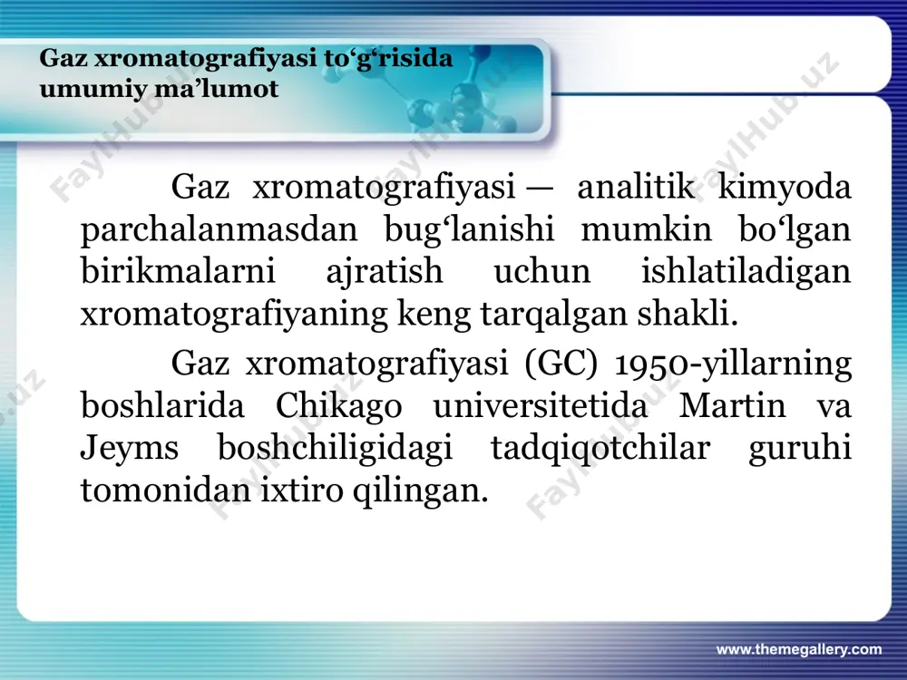 vchi aralashmalari, qo'shimchalar va ifloslantiruvchi moddalarni tahlil qilish uchun ishlatiladi. bu oziq-ovqat xavfsizligi va sifatini ta'minlashda hal qiluvchi rol o'ynaydi. neft-kimyo sanoati: gc xom neft va qayta ishlangan mahsulotlardagi uglevodorodlarni tahlil qilish uchun ishlatiladi, tarkibi va sifati haqida tushuncha beradi. www.themegallery.com image2.jpeg image3.png image4.png image1.jpeg