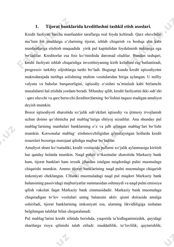 omalaga chiqarish imkoniyati cheklangan. chunki muomaladagi naqd pul miqdori markaziy bank balansining passividagi majburiyatlar summasidan oshmaydi va naqd pulni emissiya qilish vakolati faqat markaziy bank zimmasidadir. markaziy bank muomalaga chiqaradigan to‘lov vositalari uning balansini aktiv qismi doirasida amalga oshiriladi, tijorat banklarining imkoniyati esa, ularning likvidliligiga nisbatan belgilangan talablar bilan chegaralanadi. pul mablag‘larini kredit sifatida berishda, yuqorida ta’kidlaganimizdek, quyidagi shartlarga rioya qilinishi talab etiladi: muddatlilik; to‘lovlilik; qaytarishlik; ta’minlanganlik va maqsadlilik. tabiiyki, mazkur shartlarni to‘liq bajarilishi berilgan kredit bo‘yicha riskning oshishiga yo‘l qo‘ymaydi. kreditning maqsadliligi uning mijoz faoliyatining bankka ma’lum bo‘lgan va bank tomonidan ma’qullangan yo‘nalishga berilishini anglatadi. tijorat banklarining kreditlash amaliyotini tashkil qilish, uning samaradorligini ta’minlash xususidagi masalalar to‘g‘risida to‘xtalib, d.maknoton rivojlanayotgan mamlakatlarda kreditlash amaliyotini tashkil qilishning zaruriy shartlaridan biri kreditlarni garov ta’minoti asosida berishni odatiy hol sifatida qabul qilishdir, degan xulosaga keldi.[footnoteref:1] uning fikriga ko‘ra, garov sifatida olinadigan mulkning sotilish bahosi kredit va uning foizini qaytarishga etishi lozim. bu esa, …