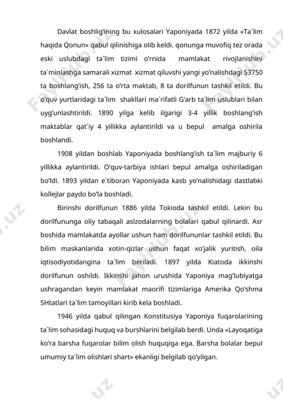 laganda 98 foiz yosh bilim oladi. boshqa joylardagidan farqli o’laroq yaponiya maktablarida o’qish 1 apreldan boshlanib, kelasi yilning 31 martidan nihoyasiga yetadi. boshlang’ish va kishik o’rta maktablarda o’quv yili ush semestrga bo’linadi: aprel-iyul, sentyabr-dekabr, yanvar-mart. katta o’rta maktablarda esa o’quv yili 2 yoki 3 semestrga bo’linadi: image1.jpeg
