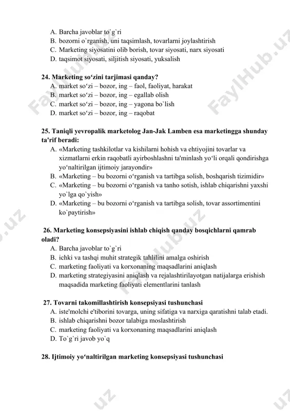 nchasi a. xaridorlar bilan boshqa oldi-sotdi jarayoni qatnashchilari oʻrtasidagi munosabatlar (kommunikasiydan tashkil topadi. b. iste'molchi e'tiborini tovarga, uning sifatiga va narxiga qaratishni talab etadi. c. bu konsepsiya korxonaning vazifasi yakka shaxslarning talabini oʻrganish, tahlil qilish va bu talablarni samarali qondirishdan, ayni paytda umuman jamiyat butunligini saqlash va mustahkamlashdan iborat deb qaraydi. d. ishlab chiqarishni bozor talabiga moslashtirish 30. marketingning toʻrtta asosiy elementlari a. tovar (product), narx (price), joy (place), siljitish (promotion). b. tovar (product), narx (price), joy (place), person (inson). c. tovar (product), narx (price), joy (place), perseption (his tuyg`u). d. to`g`ri javob yo`q 31. marketing faoliyatini samarali amalga oshirishning asosida muayyan tamoyillar qaysilar? a. barcha javoblar to`g`ri b. mavjud va potensial iste'molchilar ehtiyojini aniq bilgan holda tovar yoki xizmatga boʻlgan talabini qondirishga yoʻnaltirish; barcha zvenolar faoliyatini xoʻjalik mexanizmini yagona tizimiga birlashtirib, ularni oxirgi amaliy natijalari erishishga yoʻnaltirishni ta'minlash; c. korxonaning ishlab chiqarish hamda tijorat faoliyatini uzoq muddatli natijadorligini ta'minlash; …