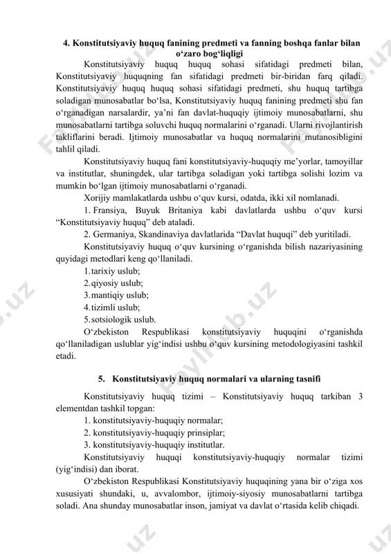 arini belgilash bilan mehnat huquqiga poydevor bo‘ladi va hokazo. umumlashtirilib aytilsa konstitutsiyaviy huquqning (huquq sifatida) predmeti konstitutsiyaviy huquq normalari bilan tartibga solinadigan ijtimoiy munosabatlardir. konstitutsiyaviy huquq asosiy ijtimoiy munosabatlarni tartibga soluvchi tegishli huquq normalarini birikmasidan tashkil topgan. shuning uchun har qanday boshqa huquq tarmoqlari singari o‘z manbalariga ega. 3. konstitutsiyaviy-huquqiy munosabatlar, ularning xususiyatlari, subyektlari konstitutsiyaviy huquqiy munosabatlar deb konstitutsiyaviy huquq normalari bilan tartibga solinadigan ijtimoiy munosabatlarga aytiladi. konstitutsiyaviy huquqiy munosabat subyektlari konstitutsiyaviy-huquqiy munosabatalarning ishtirokchilaridir. konstitutsiyaviy huquq subyektlarini ikki katta guruhga bo‘lish mumkin. fuqarolar, chet el fuqarolari, fuqaroligi bo‘lmagan shaxslar, fuqarolar guruhi, maxsus huquq layoqatiga ega bo‘lgan shaxslar sifatida saylovchilar va deputatlar hamda ularning guruhlari konstitutsiyaviy huquq subyektlarining birinchi guruhiga kiradilar. umuman davlatning o‘zi va uning organlari, ba’zan esa uning alohida qismlari, masalan, palatalar, komissiyalar, parlamentdagi partiyalar guruhlari, hududiy birliklar, muassasalar, o‘zini o‘zi boshqarish organlari, shuningdek, siyosiy partiyalar va boshqa jamoat birlashmalar konstitutsiyaviy huquq subyektlarining ikkinchi guruhlarini tashkil etadilar. konstitutsiyaviy huquqning …