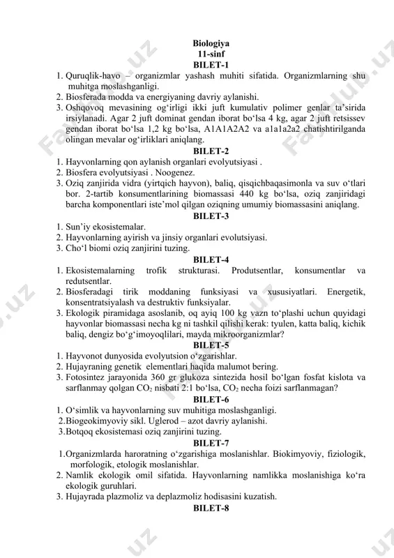 anish-qaytarilish, transport funksiyalari. 3. mikroskopni ishchi holatga keltirish. bilet-10 1. ekotizimlarning trofik strukturasi. oziq zanjiri va oziq to‘ri. trofik darajalar. 2. ekologiyaning rivojlanishi, bo‘limlari, metodlari. 3. 50 ta aminokislotadan iborat bo‘lgan oqsil sinteziga javobgar i-rnk uzunligini va dnk shu bo‘lagidagi fosfodiefir bog‘lari sonini aniqlang. bilet-11 1. sun’iy ekosistemalar. 2. hayvonot dunyosidagi evolutsion o‘zgarishlar. xordali hayvonlarda yuz bergan o‘zgarishlar. 3. 450 nukleotid juftligidan iborat dnk bo‘lagi asosida sintezlangan i-rnkdagi nukleotidlar sonini va oqsildagi aminokislotalar sonini hamda oqsilning massasini aniqlang. bilet-12 1. harorat – muhitning abiotik omili sifatida. poykiloterm va gomoyoterm organizmlar. 2. o‘simlik va hayvonot olamini muhofaza qilish 3. hujayrada energiya almashinuviga doir quyida berilgan masalalarni yeching. muskullarda 7 mol glukoza parchalandi. shundan 3 mol glukoza kislorod ishtirokida, 4 mol glukoza kislorod ishtirokisiz parchalandi. qancha co2, h2o, sutkislota hosil bo‘ladi. bilet-13 1. hayvonot dunyosidagi evolutsion o‘zgarishlar. xordali hayvonlarda yuz bergan o‘zgarishlar. 2. rasmda qanday jarayon tasvirlangan? 3. fotosintez jarayonida 360 gr …