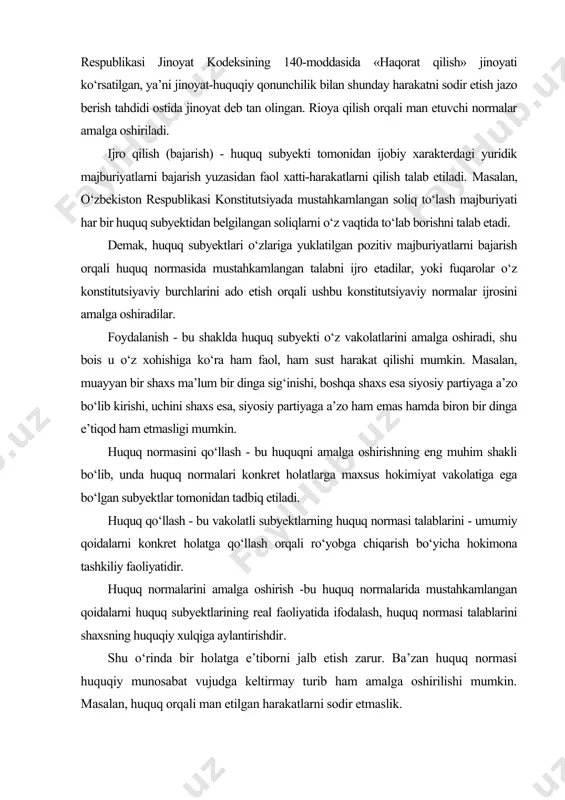 rmalarida mustahkamlangan qoidalarni huquq subyektlarining real faoliyatida ifodalash, huquq normasi talablarini shaxsning huquqiy xulqiga aylantirishdir. shu o‘rinda bir holatga e’tiborni jalb etish zarur. ba’zan huquq normasi huquqiy munosabat vujudga keltirmay turib ham amalga oshirilishi mumkin. masalan, huquq orqali man etilgan harakatlarni sodir etmaslik. huquqiy munosabatdan tashqarida - huquqlarini amalga oshirish, yuridik majburiyatlarni ijro etish bo‘yicha faol harakatlar qilish shaklida ham amalga oshirilishi mumkin. bundan harakatlarning xususiyati yana shunda ko‘rinadiki, ular bevosita normativ akt mazmunidan kelib chiqadi va ayni paytda aytarli yuridik ahamiyatga molik oqibatlarga olib kelmaydi, masalan, yo‘l harkati qoidalariga rioya etish, fuqarolarning so‘z erkinligidan foydalanish va b. huquqiy munosabatlar vujudga kelishi, o‘zgarishi va bekor qilinishiga bog‘liq bo‘lgan davlat organlari, tashkilotlar va shaxs faoliyatini ikki turga bo‘lish mumkin: 1. huquqiy holati teng bo‘lgan, bir-biriga qaram bo‘lmagan huquq subyektlari o‘rtasidagi huquqiy munosabatlar: · fuqarolar o‘rtasida va · tashkilotlar o‘rtasida - fuqarolik-huquqiy munosabatlar; 2. bir taraf maxsus - hokimiy vakolatga ega bo‘lgan …