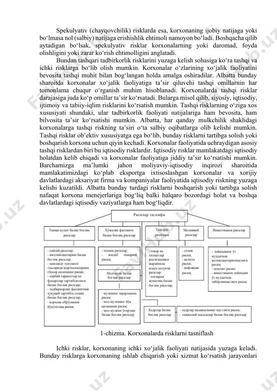 z mumkin. korxonalarda moliyaviy risklarni yuzaga kelishiga asosan, inflyatsion omillar, banklarda kreditlarni foiz stavkalari ortib ketishligi, qimmatli qog‘ozlarning narxining tushib ketishligi va boshqa omillar ta’sir qiladi. 2. namoyon bo‘lish shakliga ko‘ra barcha turdagi risklar: - sof risklar; - spekulyativ (chayqovchilik) risklarga bo‘linadi. sof risklar deyilganda, korxonalar xo‘jalik-moliyaviy faoliyatida zarar ko‘rishligi yoki hech qanday daromad ololmaslik ehtimolini tushunish mumkin. spekulyativ (chayqovchilik) risklarda esa, korxonaning ijobiy natijaga yoki bo‘lmasa nol (salbiy) natijaga erishishlik ehtimoli namoyon bo‘ladi. boshqacha qilib aytadigan bo‘lsak, spekulyativ risklar korxonalarning yoki daromad, foyda olishligini yoki zarar ko‘rish ehtimolligini anglatadi. bundan tashqari tadbirkorlik risklarini yuzaga kelish sohasiga ko‘ra tashqi va ichki risklarga bo‘lib olish mumkin. korxonalar o‘zlarining xo‘jalik faoliyatini bevosita tashqi muhit bilan bog‘langan holda amalga oshiradilar. albatta bunday sharoitda korxonalar xo‘jalik faoliyatiga ta’sir qiluvchi tashqi omillarnin har tomonlama chuqur o‘rganish muhim hisoblanadi. korxonalarda tashqi risklar darajasiga juda ko‘p omillar ta’sir ko‘rsatadi. bularga misol qilib, siyosiy, iqtisodiy, ijtimoiy va tabiiy-iqlim …