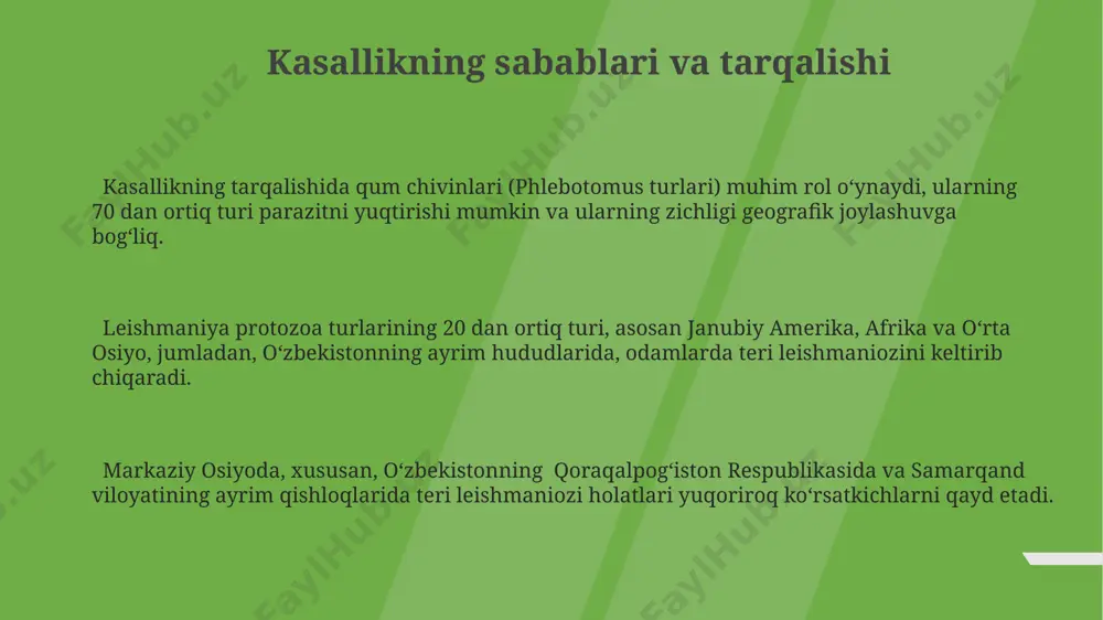 ar, braziliya va hindiston kabi mamlakatlarda keng tarqalgan. oldini olish oʻzbekiston sogʻliqni saqlash vazirligi maʼlumotlariga koʻra, 2022 yilda 500 dan ortiq terining leyshmaniyoz holati qayd etilgan boʻlib, bu kasallikning oldini olishda sanitariya-gigiyena qoidalariga rioya qilishning ahamiyatini taʼkidlaydi. markaziy osiyoda, jumladan oʻzbekistonda, 100 dan ortiq leishmania turlari aniqlangan boʻlib, ularning oldini olish uchun profilaktik emlash usullari hali yetarlicha rivojlanmagan. oldi olishning samarali usullaridan biri, 30% dan ortiq aholisi leishmanioz bilan kasallangan surxondaryo viloyati kabi yuqori xavfli hududlarda hasharotlarga qarshi vositalardan muntazam foydalanish hisoblanadi. e'tiboringiz uchun rahmat @taqdimot_robot
