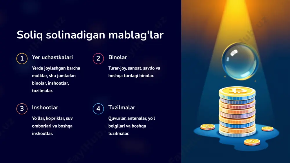 100,000 so'm x 2% = 2,000 so'm. yuridik shaxslarning mol-mulkiga solinadigan soliqlarga oid mavjud qonun hujjatlari qonunlar soliq kodeksi va boshqa tegishli qonunlar. hujjatlar vazirliklar va idoralar tomonidan chiqarilgan qarorlar va buyruqlar. mol-mulkga solinadigan soliqni hisoblashda hisobga olinadigan omillar mulkning turi turli xil mulk turlariga turli xil soliq stavkasi qo'llaniladi. hudud soliq stavkasi mulkning joylashgan hududiga qarab o'zgaradi. mol-mulkka solinadigan soliq uchun yillik deklaratsiyani rasmiylashtirish qoidalari 1 shakl deklaratsiyani rasmiylashtirish uchun belgilangan shaklni ishlatish kerak. 2 to'ldirish deklaratsiya to'g'ri va to'liq ma'lumotlar bilan to'ldiriladi. 3 topshirish deklaratsiya belgilangan muddatda topshiriladi. mol-mulkka solinadigan soliq uchun soliq to'lovchilarning huquq va majburiyatlari huquqlar soliq to'lovchilar soliq to'lashdan imtiyoz olish huquqiga ega. majburiyatlar soliq to'lovchilar soliqni o'z vaqtida va to'liq to'lashga majburdirlar. e'tiboringiz uchun rahmat image1.png image2.png image3.png image4.png image5.png image6.png image7.png image8.png image9.png image10.png image11.png image12.png image13.png image14.png image15.png image16.png image17.png