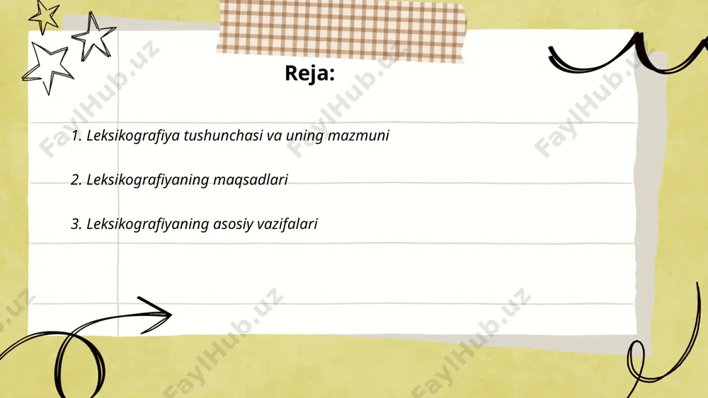 lar, yozuvchilar va til o‘rganuvchilar uchun muhim manbalardan biri hisoblanadi. leksikografiyaning muhim vazifalaridan biri so‘zlarni tasniflash, ularning sinonim, antonim va boshqa o‘ziga xosliklarini aniqlashdir. zamonaviy leksikografiya elektron lug‘atlarning yaratilishini ham o‘z ichiga oladi, bu esa ularni qulay va kengroq foydalanish imkonini beradi. ... t.me/slaydai_bot leksikografiyaning asosiy vazifalari quyidagilardan iborat: birinchidan, lug‘at yaratish, ya’ni so‘zlarning to‘liq va sistematik to‘plamini taqdim etish; ikkinchidan, har bir so‘zning ma'nosini aniqlash va izoh berish; uchinchidan, so‘zlarning grammatik shakllarini va ularning yozuvini to'g'ri ko‘rsatish; to‘rtinchidan, so‘zlarning kelib chiqishini va tarixiy rivojlanishini yoritish; beshinchidan, sinonim, antonim va boshqa semantik munosabatlarni ochib berish; oltinchidan, ko‘p tomonlama lingvistik tahlil qilish. bundan tashqari, leksikografiya tilni tadqiq etishda ham ko‘maklashadi, shuningdek, yangi so‘zlarning integratsiyasini ta’minlaydi. zamonaviy usullar, jumladan, elektron lug‘atlar yaratish va korpus lingvistikasi asosida lug‘atlarni yaratish, ham dolzarb vazifalar sirasiga kiradi. этот подход повышает точность и актуальность лексикографических исследований и разработок. ... t.me/slaydai_bot 4. o'zbek leksikografiyasining rivojlanish tarixi o'zbek leksikografiyasining …