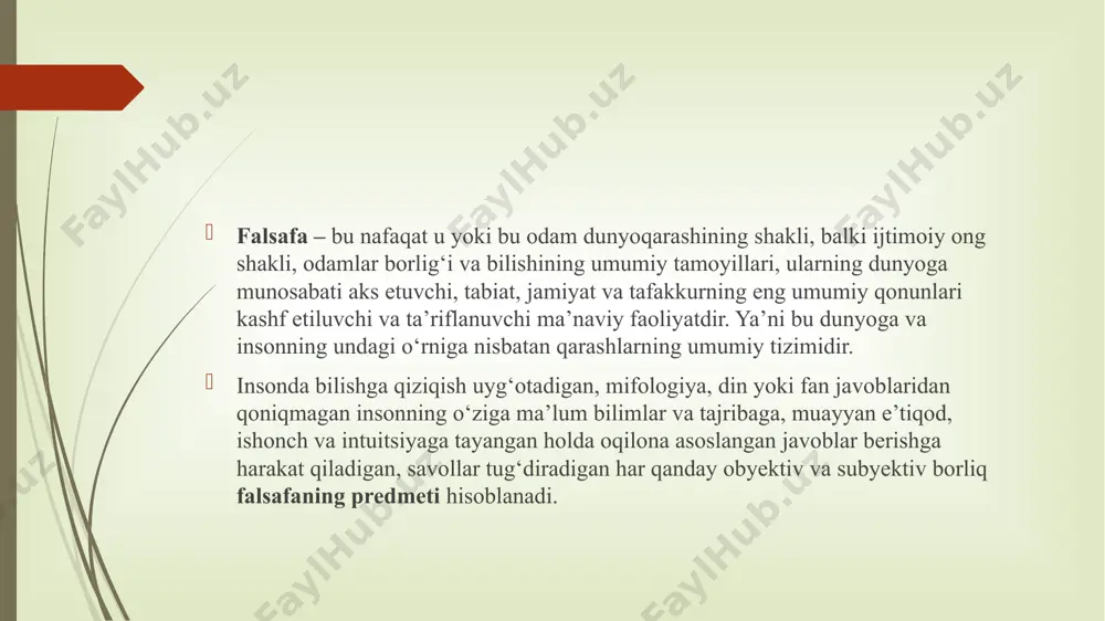 tlari va hodisalari inson nazariy tadqiqotlari sohasidan o‘rin olishi, shuningdek,ilgari ma’lum darajada anglab yetilgan narsalar va hodisalarni yanada chuqurroq o‘rganishga bo‘lgan ehtiyoj ilmiy bilim o‘z rivojlanishining dastlabki bosqichlaridayoq tabaqalanishiga turtki beradi. 8. tarbiyaviy funksiyasi. bu funksiyasi kishining aqliy jihatdan kamol topishida, nazariy tafakkurning qaror topishida, jamiyatning yetuk kishisi bo‘lib yetishishida yuksak g‘oyaviy mustahkam e’tiqod ruhida tarbiyalashda, ilmiy dunyoqarashni qaror toptirishda muhim rol o‘ynaydi. umuman falsafani o‘rganish va chuqur egallash har bir bo‘lg‘usi mutaxassisning tafakkur doirasini va faol hayotiy pozitsiyasini tarbiyalaydi. hozirgi zamon falsafasi doirasida ko‘pincha quyidagi mustaqil sohalarni ajratishadi: 1. ontologiya – (yunoncha ontos-mohiyat, logos-tadqiqot, borliq uning mohiyati, shakllari, asosiy tamoyillari va eng umumiy kategoriyalari haqidagi ta’limot. 2. gnoseologiya – (epistemologiya) (gnozis-bilish, logos – ta’limot) bilish haqidagi, inson tafakkuri faoliyati qonunlarini o‘rganadi. 3. praksiologiya - (praksis-faoliyat, logos-ta’limot) inson amaliy faoliyati haqidagi ta’limot. 4. aksiologiya – (aksios-qadriyat, logos-ta’limot) qadriyatlar inson faoliyati, uning yo‘nalishi, umumiy ahamiyati. 5. falsafiy antropologiya - inson to‘g‘risidagi …