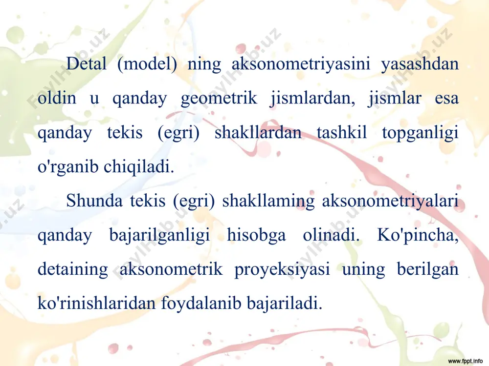 0{ markazlarda muntazam oltiyoqli ko'pburchaklik 28.6-chizmadagidek chiziladi (30.1-chizma, b). so'ngra 30.1-chizma, d dagi kabi taxt qilinadi. geometrik sirtlardan o'qi h tekislikka tik joylashgan konusning ko'rinishi berilgan (30.2-chizma, a), uning izometriyasini chizish uchun asosi aylanasini 28.9-chizmaga o'xshatib chizib olinadi. asosidan balandligi h o'lchab qo'yiladi va hosil bo'lgan nuqta s dan konus asosi ellipsga urinma o'tkaziladi (30.2-chizma, b). misol ko'rib chiqamiz. 30.3-chizmada detaining ko'rinishlari berilgan, uning izometriyasini chizing. izometriya o'qlari va detaining asosi - kvadrat prizma chiziladi (30.4-chizma, a) hamda asosi ustiga eni 15 mm, balandligi 30 mm li prizma qo'shib chiziladi. ustki prizmada aylana markazlari aniqlanadi (30.4-chizma, b). aylana markazlaridan aksonometriya o'qlari x va z qo'shimcha o'tkaziladi. bu markaz-lardan 020 mm li ellipslar 28.9, 28.10-chizmalardagidek chiziladi. prizmaning qalinligi hisobiga teshikning orqa tomoni ko'rinmaydi. ostki asosdagi r15 mm li yarimaylana yoylari 28.9-chizma, d dagidek chiziladi. 3. ortiqcha chiziqlar o'chirilib, chizma taxt qilinadi (30.4-chizma, d). 30.5-chizmada berilgan detallardan birini izometriyada chizing. kubning izometriyasini …