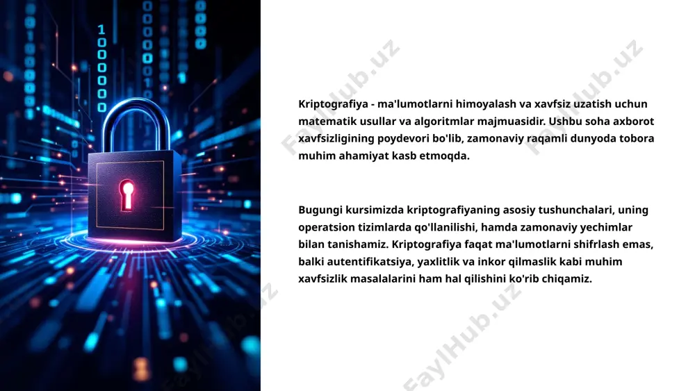 natijasida hosil bo'lgan, faqat tegishli kalit bilan o'qish mumkin bo'lgan ma'lumot. zamonaviy kriptografiya shifrlash jarayonida ochiq matndan shifrlangan matn yaratuvchi algoritmlarni o'z ichiga oladi. bu jarayonda kalit muhim rol o'ynaydi - kalitsiz shifrlangan matnni deshifrlash deyarli imkonsiz hisoblanadi. hozirgi kriptografiyaning asosiy tamoyillaridan biri kerkhoffs prinsipidir: tizimning xavfsizligi algoritm sirligiga emas, balki kalitning maxfiyligiga asoslanishi kerak. shuning uchun ko'plab kriptografik algoritmlar ochiq kodli bo'lib, ularning xavfsizligi keng miqyosda tekshiriladi. 4 simmetrik kriptografiya kalitni yaratish xavfsiz simmetrik kalit hosil qilinadi shifrlash ma'lumot kalit yordamida shifrlash algoritmi orqali kodlanadi uzatish shifrlangan ma'lumot xavfsiz bo'lmagan kanal orqali yuboriladi deshifrlash qabul qiluvchi xuddi shu kalit bilan ma'lumotni deshifrlaydi simmetrik kriptografiya - bir xil kalit yordamida ma'lumotni ham shifrlash, ham deshifrlash amalga oshiriladigan usul. bu eng tez ishlaydigan kriptografik usullardan biri bo'lib, katta hajmdagi ma'lumotlarni shifrlashda samarali hisoblanadi. aes (advanced encryption standard) bugungi kunda eng keng qo'llaniladigan simmetrik shifrlash algoritmidir. u 128, 192 yoki 256 bitli …