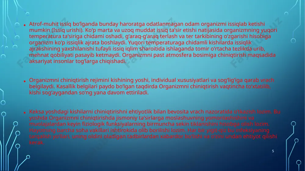 rati oshib ketadi (40-410с ) va organizmning me'yoriy ishlashi qiyinlashadi. yana shu narsa muhimki, charchash termoregulyasiyani buzadi, shuning uchun chiniqish jarayonlarini organizm charchaganda olib borish maqsadga muvofiq emas. charchagan paytda tana juda tez sovib, harorat pasayib ketishidan saqlanish kerak. bir vaqtning o’zida or­ganizmni chiniqtiraman deb issiq yoki sovuq ta'sirini me'yoridan ko’p qabul qilmaslik ham kerak. ish payti ochiq havoda sovuq suvda cho’milish tana haroratini pasaytirishi mumkin. shuning uchun sovuq suvda tushish muddatini oshiqcha cho’zish ham mumkin emas. bunday paytlari suvdan chiqqandan keyin tana harorati tezlik bilan o’z o’rniga kelishi kerak. agar shu narsa kuzatilmasa tekshiriluvchi sovuq suvda ko’p turgan (5-10 minut-dan ziyod) degan xulosaga kelishadi. 8 sovuq suvda cho’milish me'yoridan ortiq bo’lsa ishtaha yo’qoladi, uyqu qochadi, orriqlanib ketiladi, jinsiy faoliyat buziladi. yana shu narsa kuzatiladiki, haddan tashqari ko’p mashq qilganlik dastlab organizm chiniqqanligining nospetsifik komponentiga salbiy ta'sir etar ekan (bir vaqtning o’zida spetsifik kompo­nent saqlanadi). shuning uchun ham me'yoridan ziyod …