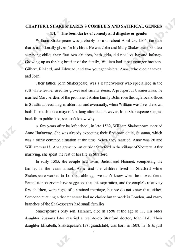 , the town bailiff—much like a mayor. not long after that, however, john shakespeare stepped back from public life; we don’t know why. a few years after he left school, in late 1582, william shakespeare married anne hathaway. she was already expecting their first-born child, susanna, which was a fairly common situation at the time. when they married, anne was 26 and william was 18. anne grew up just outside stratford in the village of shottery. after marrying, she spent the rest of her life in stratford. in early 1585, the couple had twins, judith and hamnet, completing the family. in the years ahead, anne and the children lived in stratford while shakespeare worked in london, although we don’t know when he moved there. some later observers have suggested that this separation, and the couple’s relatively few children, were signs of a strained marriage, but we do not know that, …