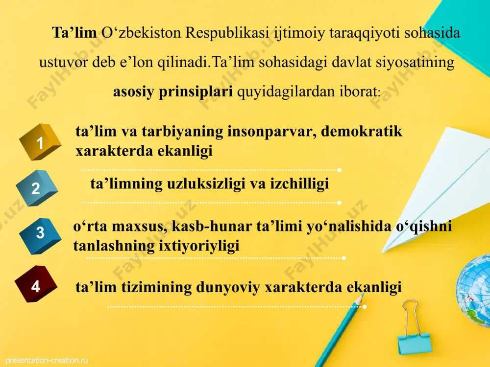 asoslardir ta’limning mazmunli tamoyillari ular ta’lim mazmunini tanlash bilan bog‘liq bo‘lgan qonuniyatlarni aks ettiradi va quyidagi g‘oyalarni ifodalaydi: - fuqarolik; - ilmiyligi; - tarbiyalovchi ta’lim; - fundamentalligi va amaliy yo‘nalganligi (ta’limning hayot bilan, nazariyaning amaliyot bilan bog‘liqligi); - tabiat bilan uyg‘unligi; - madaniyat bilan uyg‘unligi; - insonparvarligi. maxsus didaktika ruhiy jismoniy rivojlanishida nuqsonlari bo‘lgan shaxslar ta’limi va o‘qitilishi nazariyasi bo‘lib pedagogik jarayonning vazifalari, tamoyillari, mazmuni, uslublarini tashkil etilishini belgilaydi. alohida yordamga muxtoj bolalarni o‘rganishda rivojlanish tamoyili ko‘p qirrali va o‘ziga xos taqsimlanadi. bu esa ularning rivojlanishi va ta’limni tashkil etishning umumiy qonuniyatlari o‘ziga xos xususiyatlarini aniqlash imkonini beradi. maxsus pedagogika tamoyillari: -ta’limning ilmiyligi tamoyili - izchillik va ketma-ketlik tamoyili - nazariyaning amaliyot bilan bog‘liqligi tamoyili - ta’lim onglilik tamoyili - ta’limni ko‘rgazmalilik tamoyili - ta’limning tushunarliligi tamoyili - talimda yakka farqlangan (differensiallangan) yondashuv tamoyili -ta’limning korreksion yo‘nalganligi tamoyili nima uchun ta’lim bilan tarbiya bir birini bog’lab turadi? nima uchun? nima …