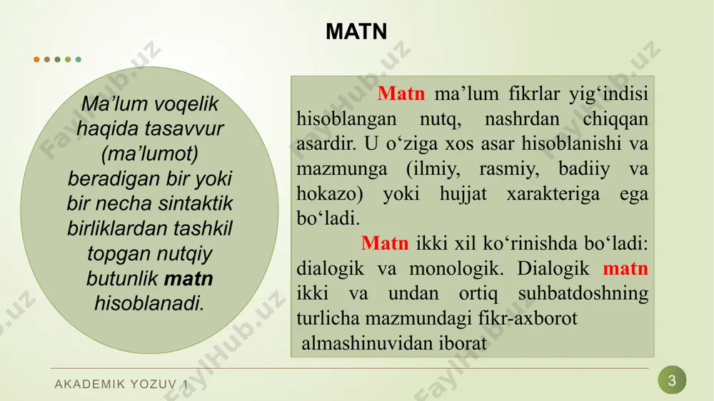 farhod, shirin, mehnbonular o‘rtasidagi kurash ko‘rsatiladi. shoir farhod, mehnbonu, shirinlarning barcha harakat- lariga xayrixohlik bildiradi. shohni adolatli bo‘lishiga undash g‘oyasini ilgari suradi. akademik yozuv 1 14 1. tahlilda asarning mazmuniga ham shakliga ham e’tibor berish va mazmunning yetakchi rolini ta’kidlab o‘tish zarur. 2. matn tahlilida tahlilning yuqoridagi u yoki bu turidan foydalaniladi. 3. matnni sharhlash so‘z va so‘z shakllari badiiy tasvir vositlarining asar g‘oyaviy va estetik mazmunini oshirishdagi roli izohlanadi. matnni sharxlashda lingvistik aspekt asosiy o‘rinni egallaydi. u traditsion adabiiy tahlilda ham yetakchi sanaladi, chunki u matnning estetik strukturasi va badiiy tasvir vositlarini o‘rganishga ko‘maklashadi. akademik yozuv 1 foydalanilgan adabiyotlar 15 азимова и. ўзбек тилидаги газета матнлари мазмуний перцепциясининг психолингвистик тадқиқи: филол. фан. номз. … дисс. автореф. – тошкент, 2008. белянин в. п. психолингвистика. учебное пособие. –м.: флинта, 2008. глухов в.п. основы психолингвистики. учебное пособие. –м.: ат: астрел, 2008. qurbonova, ma’rufjon yo‘ldoshev matn tilshunosligi –toshkent: universitet, 2014. худойберганова д. матннинг …
