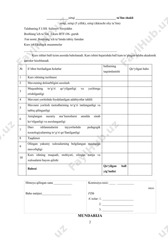 ik muammo sifatida 2.1. sogʻlom turmush tarzini shakllantirishning pedagogik asoslari….……....18 2.2. imkoniyati cheklangan bolalar uchun sogʻlom turmush tarzi…….……....26 2.3. bolalarning dam olishini tashkil etish………………….…………………...30 xulosa…………………………………………………………………………….34 foydalanilgan adabiyotlar………………………………………………………36 kirish mavzuning dolzarbligi: salomatlik butun jamiyat mulki bo'lgan eng katta boylikdir. yaxshi sog'liq bizga uzoq va faol hayotni ta'minlaydi, rejalarimizni amalga oshirishga hissa qo'shadi, qiyinchiliklarni yengishga yordam beradi, shuningdek, hayotiy vazifalarni muvaffaqiyatli hal qilish imkonini yaratadi.hayot tajribasi shuni ko'rsatadiki, odamlar odatda kasallikni o'zida his qilgandan keyingina o'z sog'lig'iga g'amxo'rlik qilishni boshlaydilar, ammo kasallikni kutmasdan, sog'lom turmush tarzini imkon qadar tezroq boshlash yaxshiroq va samarali natijalarni beradi. shunday ekan biz sog’lom hayotni,sog’lom turmush tarzini tashkil qilishni aslida bolalarga ilk maktab davridan tushintirib borishimiz maqsadga muvofiq va samarali natijalarni berar ekan. sog'lom turmush tarzi -bu insonning xatti- harakatlarining individual tizimi bo'lib, jismoniy, ruhiy va ijtimoiy farovonlik va faol uzoq umr ko'rishni ta'minlovchi asos bo’lib xizmat qiladi. sog'lom turmush tarzi bizga maqsad va vazifalarni, rejalarimizni muvaffaqiyatli …