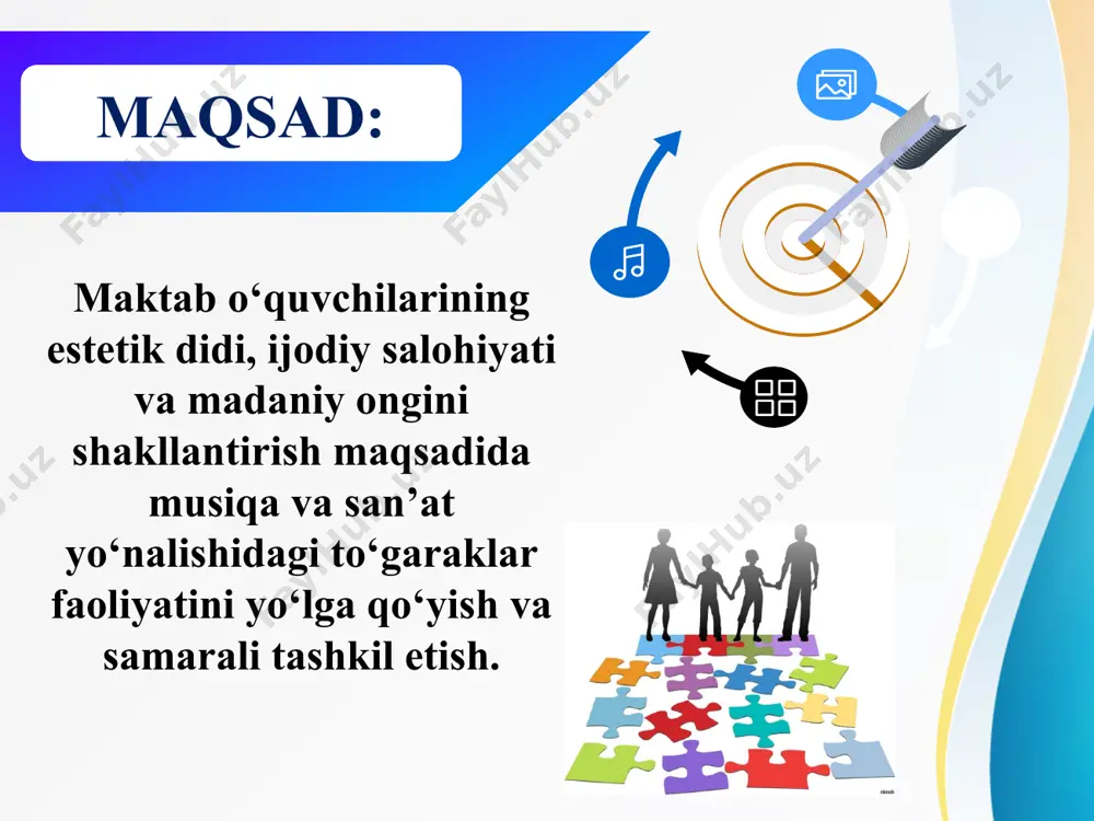 e” (to‘liq kunlik maktablar) modeli germaniyada ko‘plab maktablar to‘liq kunlik ta’lim modelida ishlaydi. unda o‘quvchilar darsdan keyin musiqa, teatr, tasviriy san’at, hunarmandchilik bo‘yicha to‘garaklarda qatnashadi. davlat bu dasturlarni moliyalashtiradi va to‘garaklar — tarbiyaning asosiy vositasi sifatida qaraladi. o‘rganiladigan jihat: to‘garaklar orqali bolalarda yumshoq ko‘nikmalarni (soft skills) shakllantirish: ijodiy fikrlash, jamoada ishlash, nutq va emotsional ifoda. germaniya janubiy koreya yaponiya t/r o‘zbekistonda amaldagi holat xorijiy davlatlarda amaldagi holat takliflar 1 o‘zbekistonda san’at va musiqa darslari maktab dasturiga kiritilgan. qolaversa, to‘garaklar orqali o‘quvchilarning iste’dodini aniqlash va rivojlantirish bo‘yicha muayyan ishlar amalga oshirilmoqda. barcha hududlarda “bolalar musiqa va san’at maktablari” bilan hamkorlik yo‘lga qo‘yilgan. yaponiya maktablarida darslarda musiqa va san’at ta’limi, milliy ta’lim dasturi doirasida tashkil etilgan bo‘lib ushbu fan majburiy xisoblanadi va bolalarning rivojlantirishga qaratilgan. yana musiqa va san’at darslari an’anaviy va zamonaviylikni birlashtirib ijodiy fikrlashga yo‘lga qo‘yilgan. yaponiyada eng muvaffaqiyatli 3 ta hamkorlik modeli bor. maktab ichida “ijodiy faoliyat haftaligi”ni joriy …