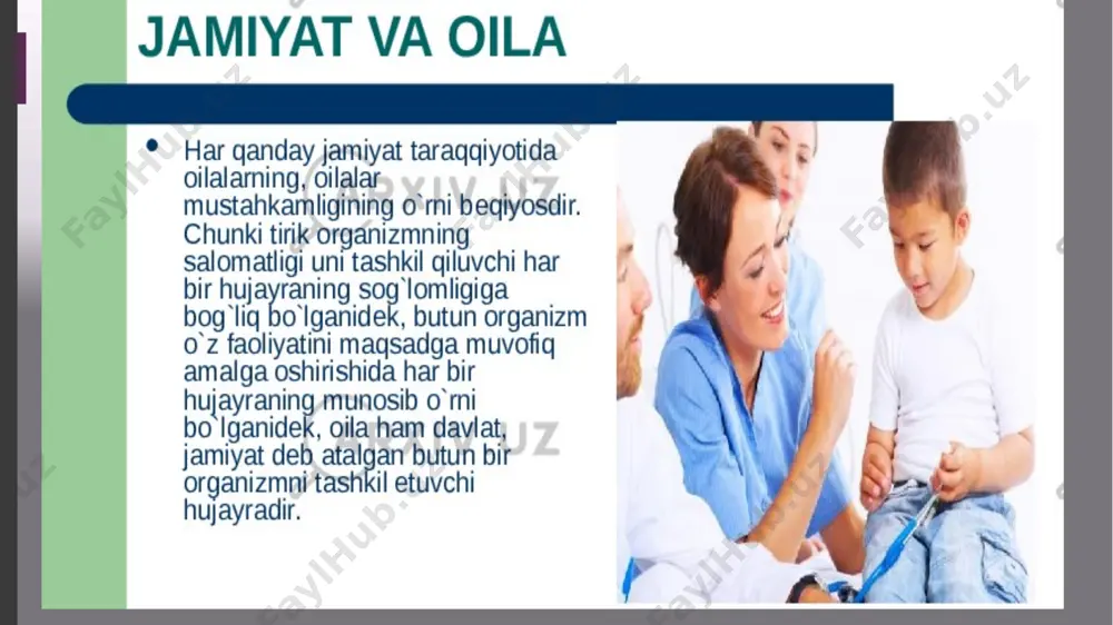 qda; • uchinchidan, oilaning demografik rivojlanishida o‘zgarishlar yuz bermoqda, oila ajralishlari soni o‘smoqda, mazkur sohada salbiy tendensiyalar va muammolar sabablarini asoslovchi tadqiqotlar yetishmayapti; • to‘rtinchidan, oilada, ta'lim muassasalarida madaniy-tarixiy meros salohiyatidan sust foydalanilmoqda, milliy mentalitetimizga yot bo‘lgan g‘oya va qarashlar ta'sirining oldini olish borasidagi ishlar samarasiz; • beshinchidan, oila institutini mustahkamlashning qonunchilik asoslari mukammal emas, huquqni qo‘llash amaliyotini va ilg‘or xorij amaliyotini o‘rganish asosida oilani himoya qilish va qo‘llab-quvvatlash sohasida mustahkam huquqiy asos mavjud emas; • oltinchidan, mutaxassislar yetishmaydi va kadrlar malakasi past darajada, ta'lim tizimida mutaxassislarga bo‘lgan ehtiyojni prognozlashtirish mexanizmi yo‘lga qo‘yilmagan, oila institutini mustahkamlash va rivojlantirish bo‘yicha o‘quv dasturlari mukammal emas. image1.png image2.png image3.png image4.png image5.png image6.jpeg image7.png /docprops/thumbnail.jpeg