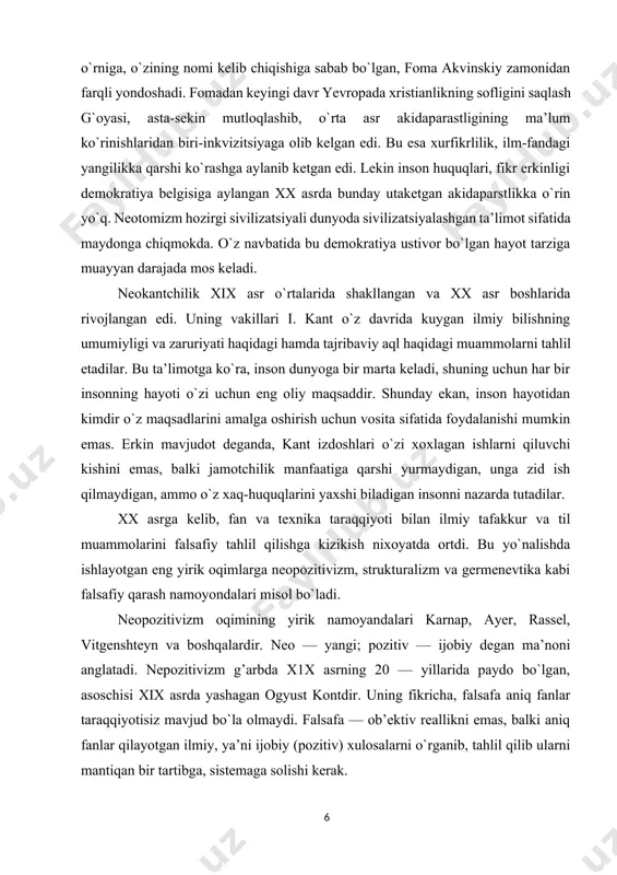 motchilik manfaatiga qarshi yurmaydigan, unga zid ish qilmaydigan, ammo o`z xaq-huquqlarini yaxshi biladigan insonni nazarda tutadilar. xx asrga kelib, fan va texnika taraqqiyoti bilan ilmiy tafakkur va til muammolarini falsafiy tahlil qilishga kizikish nixoyatda ortdi. bu yo`nalishda ishlayotgan eng yirik oqimlarga neopozitivizm, strukturalizm va germenevtika kabi falsafiy qarash namoyondalari misol bo`ladi. neopozitivizm oqimining yirik namoyandalari karnap, ayer, rassel, vitgenshteyn va boshqalardir. neo — yangi; pozitiv — ijobiy degan ma’noni anglatadi. nepozitivizm g’arbda x1x asrning 20 — yillarida paydo bo`lgan, asoschisi xix asrda yashagan ogyust kontdir. uning fikricha, falsafa aniq fanlar taraqqiyotisiz mavjud bo`la olmaydi. falsafa — ob’ektiv reallikni emas, balki aniq fanlar qilayotgan ilmiy, ya’ni ijobiy (pozitiv) xulosalarni o`rganib, tahlil qilib ularni mantiqan bir tartibga, sistemaga solishi kerak. kont falsafaning o`zi mustaqil ravishda ob’ektiv dunyo to`g`risida xech qanday aniq bilimlar berishi mumkin emas, u shu paytgacha yiqilgan bilimlarni formal logika qonunlari asosida tahlil etishi va qayta baholashi, uni «absolyut g`oya, …