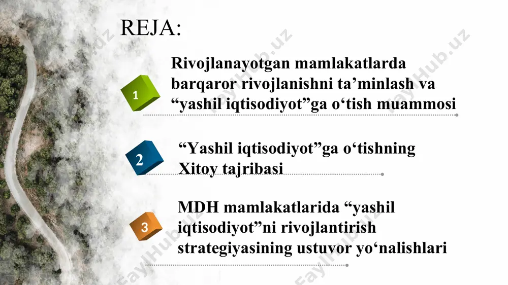 lat xarajatlari qisqarib bormoqda, milliy resurslar ochlik va kambag‘allikni yo‘qotish, tibbiyot va ta’lim darajasini oshirishga yo‘naltirilgan yashil iqtisodiyotga o‘tishdagi mavjud to‘siqlarni bartaraf etish. yashil iqtisodiy siyosat rivojlanayotgan mamlakatlarda quyidagi ijtimoiy-iqtisodiy va ekologik muammolarni hal etish imkonini beradi: sof texnologiyalarni joriy etish orqali muqobil energiyadan foydalanish imkoniyatini yaratish; sof ishlab chiqarishga investitsiyani yo‘naltirish asosida resurslardan foydalanish samaradorligini oshirish; qishloq xo‘jaligida barqaror, samarali usullardan foydalanish negizida oziq-ovqat xavfsizligini ta’minlash; energiya manbalaridan foydalanishni diversifikatsiyalash orqali import qilinayotgan energiya tannarxini pasaytirish va energetika xavfsizligiga erishish; iqtisodiy faoliyatning atrof-muhitga salbiy ta’sirini yumshatish. “yashil iqtisodiyot”ga o’tish rivojlangan mamlakatlar yashil iqtisodiyotga o‘tish jarayonini moliyalashtirishning mustahkam bazasi, sifatli inson resurslari va ilg‘or texnologiyalarga ega. shu sababli ushbu mamlakatlar yashil iqtisodiyotga ijtimoiy rivojlanish va ekologik barqarorlikni ta’minlashga xizmat qiluvchi investitsiyalar sarflash, iqtisodiyotning yangi tarmoqlarini rivojlantirish orqali o‘tishadi. rivojlanayotgan mamlakatlar esa an’anaviy iqtisodiyotni bosqichma-bosqich ekologik yo‘naltirilgan iqtisodiyotga aylantirishlari zarur. rivojlanayotgan mamlakatlar iqtisodiyotning texnologik darajasi bo‘yicha rivojlangan mamlakatlarga nisbatan ortda qolmoqda. …