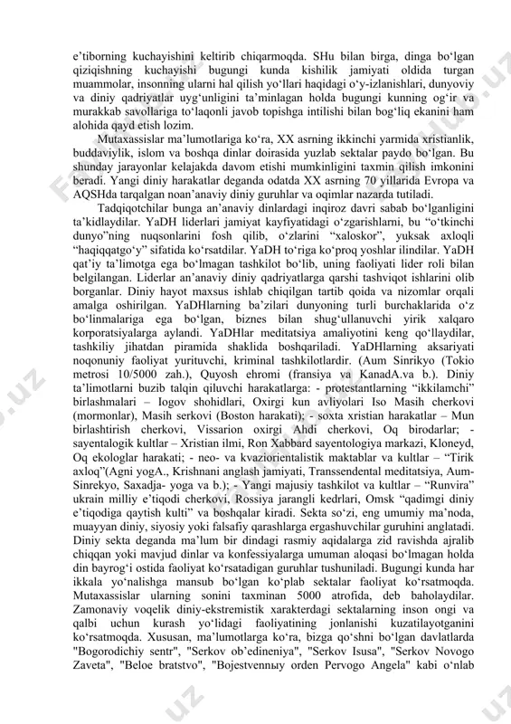 uammo va qiyinchiliklarni engib o‘tishlarida kuch bag‘ishlagan; to‘rtinchidan, umuminsoniy va ma’naviy qadriyatlarni saqlab qolish hamda avloddan-avlodga etkazishga yordam bergan va shu yo‘l bilan madaniyat rivojiga katta ta’sir ko‘rsatgan. dunyoning konfessional manzarasi. bugungi kunda dinga bo‘lgan qiziqishning kuchayib borishi globallashuv jarayonlarining o‘ziga xos in’ikosi deyish mumkin. zero, globallashuv dunyoni bir butun va yaxlit qila borishi bilan bir qatorda, uning hosilasi sifatida alohida olingan millat va jamiyatlar darajasida o‘z-o‘zini anglashga bo‘lgan intilishning chuqurlashuviga ham zamin yaratmoqda. bu jarayonlar o‘z navbatida inson ma’naviyatining uzviy qismi bo‘lgan dinning mohiyatini tushunish, uning inson va jamiyat hayotidagi o‘rnini anglashga bo‘lgan e’tiborning kuchayishini keltirib chiqarmoqda. shu bilan birga, dinga bo‘lgan qiziqishning kuchayishi bugungi kunda kishilik jamiyati oldida turgan muammolar, insonning ularni hal qilish yo‘llari haqidagi o‘y-izlanishlari, dunyoviy va diniy qadriyatlar uyg‘unligini ta’minlagan holda bugungi kunning og‘ir va murakkab savollariga to‘laqonli javob topishga intilishi bilan bog‘liq ekanini ham alohida qayd etish lozim. mutaxassislar ma’lumotlariga ko‘ra, xx asrning ikkinchi …