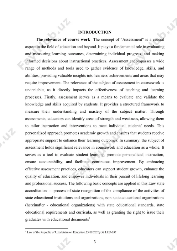 policymakers make informed decisions about the most effective assessment strategies to enhance student learning and improve instructional practices. in summary, the purpose of scientific research on the subject of assessment is to contribute to the improvement of assessment practices by developing reliable and valid assessment tools, investigating their impact on student learning outcomes, ensuring fairness and validity, and exploring the broader implications of assessment in educational contexts. through rigorous scientific inquiry, researchers strive to enhance the quality of assessments and support evidence-based decision-making in education. the tasks of the theme the subject of using literature in the concept of "assessment" is an exploration of the role and significance of literature in the assessment process within educational contexts. assessment, as a fundamental component of education, aims to evaluate students' knowledge, skills, and understanding of various subjects. in this coursework, the focus is specifically on how literature can be effectively integrated into …
