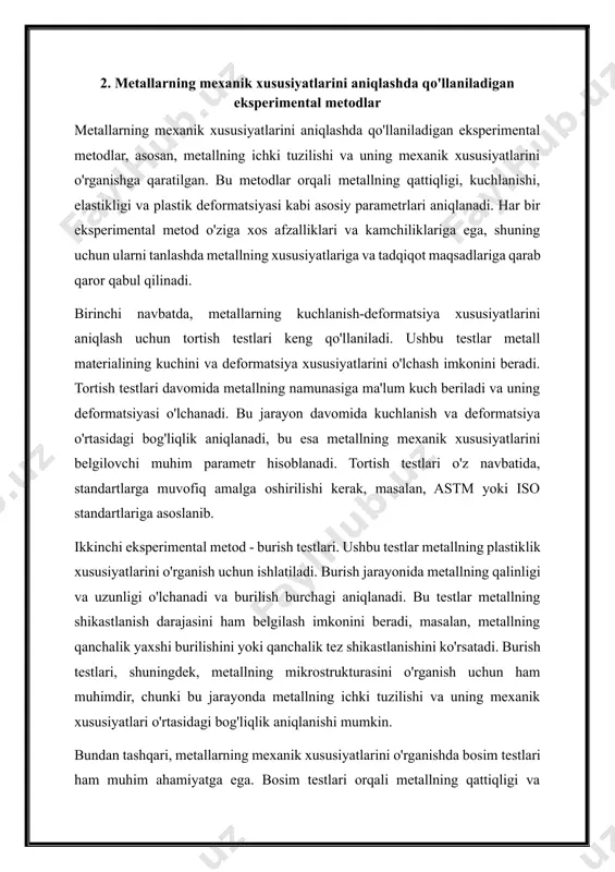 navbatda, nanoteknologiyalar metallarning mexanik xususiyatlarini o'rganishda yangi imkoniyatlar yaratadi. nanoteknologiyalar orqali metallning mikro- va nanostrukturasi o'rganilishi mumkin, bu esa uning mexanik xususiyatlarini aniqlashda muhim rol o'ynaydi. nanostrukturalangan metall materiallar, odatda, yuqori kuch va qattiqlikka ega bo'lib, bu ularning mexanik xususiyatlarining o'zgarishini tushunishga yordam beradi. nanoteknologiyalar yordamida metallarning deformatsiya jarayonlaridagi o'zgarishlar ham ko'rinadi, bu esa ularning ishlash muddatini oshirishga yordam beradi. ikkinchi muhim zamonaviy texnologiya - kompyuter simulyatsiyalari. kompyuter simulyatsiyalari metallarning mexanik xususiyatlarini o'rganish jarayonini tezlashtirishga yordam beradi. ushbu simulyatsiyalar orqali metallning deformatsiya jarayonlari, kuchlanish va plastiklik xususiyatlari o'rganilishi mumkin. kompyuter simulyatsiyalari, shuningdek, metallning ichki tuzilishi va uning mexanik xususiyatlari o'rtasidagi bog'liqlikni aniqlash imkonini beradi. bu jarayonlar orqali metallning qattiqligini va mustahkamligini oshirishga qaratilgan yangi materiallar ishlab chiqish mumkin. bundan tashqari, zamonaviy texnologiyalar orasida atom kuchi mikroskopiyasi (afm) va elektron mikroskopiya (sem) kabi usullar ham mavjud. ushbu usullar metallning mikro- va nanostrukturasi, shuningdek, uning mexanik xususiyatlarini o'rganish uchun ishlatiladi. afm va …