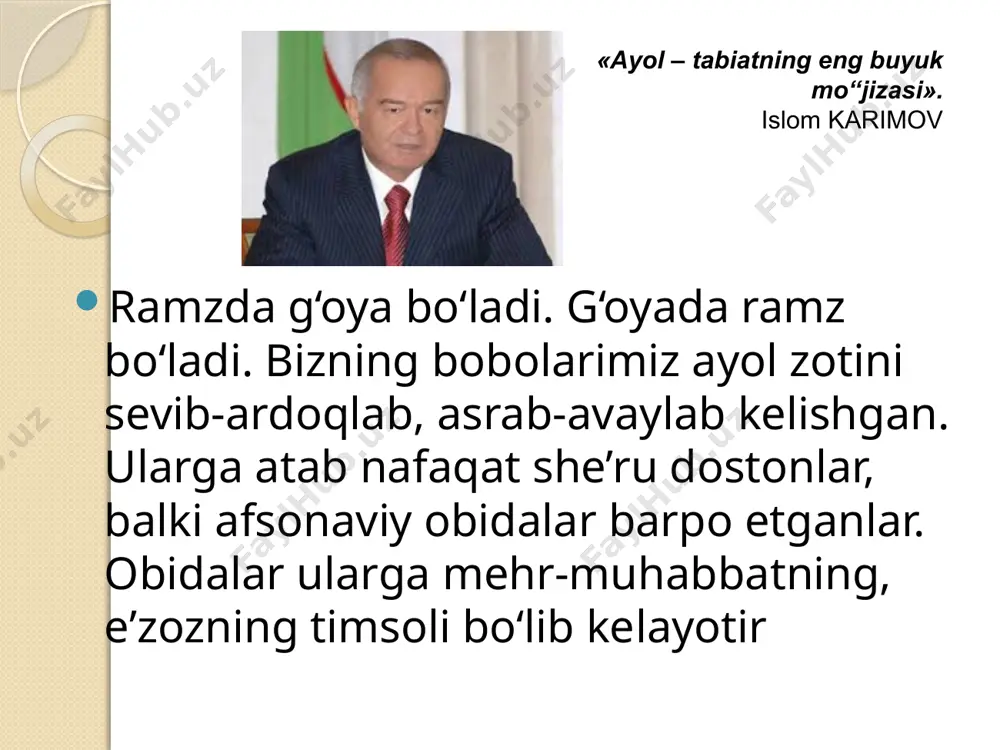 irok etish huquqini qo`lga kiritdi. ularning pokligi, axloqi, umuman olganda esa o’zlariga bildirilayotgan bu ishonchsizlik oqibatida qizlarga nisbatan hurmat degan tushuncha ham yo’qolib bormoqa. diyorimizda ayol shaxsi har qaysi zamonda qadrlangan, yuksak darajada hurmatga loyiq ko’rilgan, muqaddas sanalgan. bugungi kunda-chi? o’z ko’nglida zamonaviy degan nomga loyiq “qizlar”ga (afsuski, bunday qizlar soni kundan kunga ko’payib bormoqda) faqat ko’ngilxushlik vositasi sifatida qaralishi, ularga nisbatan hurmatning umuman yo’qligi, “muqaddas” degan munosabatning alllaqachon g’oyib bo’lgani nimadan darak beradi?! nahot, bu holat sizni tashvishga solmasa?! o’zbek qizlari, millatimiz ayollari shu munosabatga loyiqmi?! . xotin-qizlarning siyosiy faolligini oshirish maqsadida o’zbekiston respublikasi oliy majlisi qonunchilik palatasi va xalq deputatlari mahalliy kengashlari deputatlari orasida xotin-qizlar soni ikki yarim-uch baravar ortdi. 2 nafar ayollar o’zbekiston respublikasi oliy majlisi qonunchilik palatasi deputatligigaga, 1 nafar ayol o’zbekiston respublikasi oliy majlisi senati a’zoligiga, 11 nafar ayollar xalq deputatlari viloyat kengashiga, 94 nafar ayollar shaharlar, tumanlar kengashlariga deputat etib saylanganligi ularning davlat boshqaruvida …