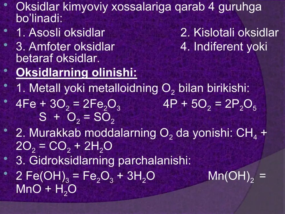 bo’ladi. kislotalar suvda yaxshi eriydi. eritmasi terini kuydiradi va nordon mazaga ega bo’ladi. kimyoviy xossalari: neytrallanish reaksiyasi: naoh + hci = naci + h2o metallar bilan ta’siri: mg + 2hci = mgci2 + h2 ↑ asosli oksidlar bilan reaksiyaga kirishib tuz hosil qiladi: cuo + 2hno3 = cu(no3)2 + h2o tuzlar bilan ta’siri: baci2 + h2so4 =↓baso4 + 2hci qizdirganda parchalanishi: h2so4 h2o + so3 6. ko’k lakmusni qizartiradi, metiloranjni rangsizlantiradi. 3. asoslar molekulasida metall atomi va bir yoki bir nechta gidroksil (oh) guruhi bo’lgan murakkab moddalarga asoslar deyiladi. gidroksil guruhining soni metallning valentligiga teng bo’lib molekulasidagi gidroksil bir yoki bir necha bosqichda dissosialanadi. masalan: naoh ↔ na+ + oh; ca(oh)2 ↔ caoh+ + oh; caoh- ↔ ca2+ + oh-. asoslar suvga eruvchanligiga qarab 2 ga bo’linadi: suvga yaxshi eriydigan va yomon eriydigan. suvga yaxshi eriydigan ishqorlar deb aytiladi. мasalan: hoh, koh, naoh, pboh, ca(oh)2, ba(oh)2. ishqorlar terini, kiyimni, shisha …