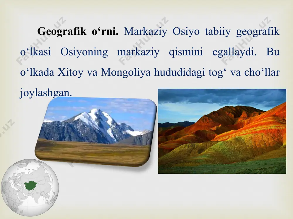 cho‘l, cho‘l zonalari hosil bo‘lgan. tog‘larning 6 000 m dan baland qismlari qor va muzlar bilan qoplangan. sharqiy osiyo 6-sinf geografiya darsligi asosida 65-mavzu: geografik o‘rni. sharqiy osiyo xitoy davlatining sharqiy qismini, koreya yarimorolini, yapon orollarini egallaydi. bu o‘lka shimoldan janubga qarab dengiz sohillari bo‘ylab bir necha ming kilometrga cho‘zilgan. tabiiy sharoiti. sharqiy osiyoning zaminida eng qadimgi kristall jinslardan tarkib topgan xitoy-koreya va janubiy xitoy platformalari yotadi. platformaning yuzasi xuanxe va yanszi daryolari keltirgan alluvial yotqiziqlardan tashkil topgan. bu hudud buyuk xitoy tekisligiga mos keladi. buyuk xitoy tekisligining shimoliy qismi iqlimi mo‘tadil mussonli, janubi subtropik mussonli iqlimdir. shimolda qish quruq, sovuq (– 6 °c), janubda iliq (+3 °c) bo‘ladi. yozi issiq, dengiz sohillarida iyulning o‘rtacha harorati +26 °c. yillik yog‘in miqdori shimolda 500 mm, janubda 1 000 mm. yog‘inning qariyb 80 % i yoz oylariga to‘g‘ri keladi. bu tekislikdan xuanxe, yanszi va boshqa daryolar oqib o‘tadi. tekisliklarda ko‘llar va suv …