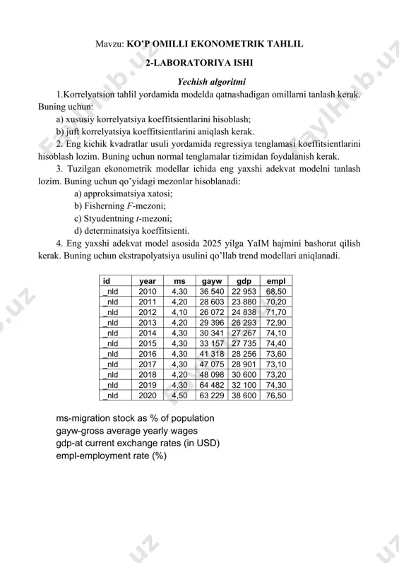 нная статистика множественный r 0,725282635 r-квадрат 0,526034901 нормированный r-квадрат 0,322907001 стандартная ошибка 0,083030343 наблюдения 11 дисперсионный анализ df ss ms f значимость f регрессия 3 0,053559917 0,017853306 2,58967331 0,135318463 остаток 7 0,048258265 0,006894038 итого 10 0,101818182 коэффициенты стандартная ошибка t-статистика p-значение y-пересечение 4,200786847 1,684029956 2,494484633 0,041324414 переменная x 1 7,21261e-07 4,75274e-06 0,151757032 0,88365975 переменная x 2 1,71802e-05 2,31079e-05 0,743476641 0,481396528 переменная x 3 -0,006083872 0,029017891 -0,209659362 0,839904908 нижние 95% верхние 95% нижние 95,0% верхние 95,0% 0,218688772 8,182884922 0,218688772 8,182884922 -1,05172e-05 1,19597e-05 -1,05172e-05 1,19597e-05 -3,74613e-05 7,18217e-05 -3,74613e-05 7,18217e-05 -0,07470028 0,062532535 -0,07470028 0,062532535 вывод остатка наблюдение предсказанное y остатки стандартные остатки 1 4,204737399 0,095262601 1,371312968 2 4,204586886 -0,004586886 -0,066028596 3 4,210104027 -0,110104027 -1,584956519 4 4,230195008 -0,030195008 -0,434659627 5 4,240305235 0,059694765 0,859311055 6 4,248551756 0,051448244 0,740601701 7 4,268265188 0,031734812 0,456825227 8 4,286524916 0,013475084 0,19397494 9 4,315852353 -0,115852353 -1,667704152 10 4,346747404 -0,046747404 -0,672932728 1. функциямизни ёзамиз: y = а0 + а1 х1+ а2 х2 …