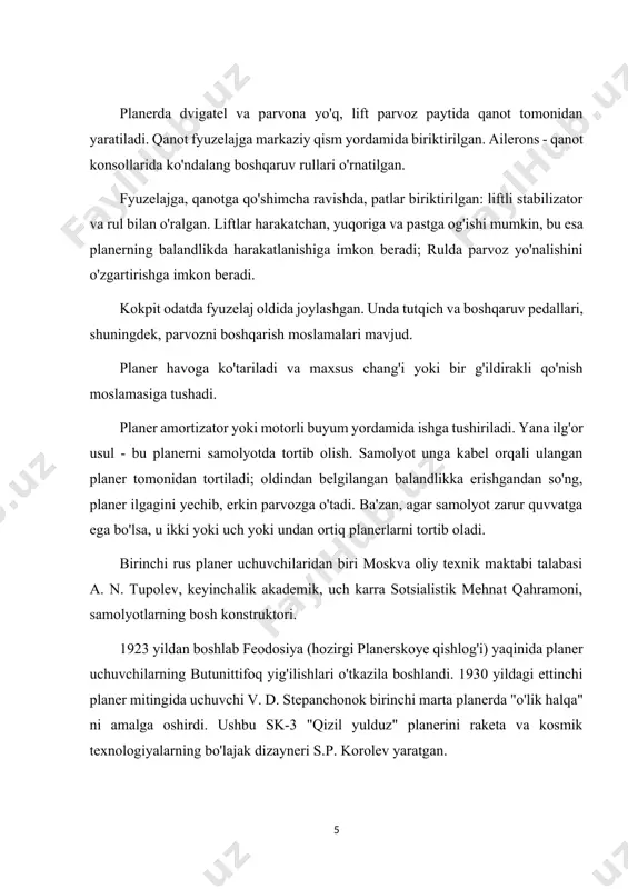 sining modelini loyihalash quyidagilarni o'z ichiga oladi: -sxemani tanlash va modelning asosiy o'lchamlarini aniqlash; -model qismlarining massasini, rulman yuzasi birligiga yukni aniqlash; -eskizlar va ishchi chizmalarni bajarish; -modelni ishlab chiqish va ishlab chiqarish. model kuchli va qattiq bo'lishi kerak. samolyotning sxematik modelini qurishning oddiy usuli tavsiya etiladi. bu qanot kengligiga qarab modelning asosiy o'lchamlarini aniqlashdan iborat. loyihalash jarayonida 5-10% dan ko'p bo'lmagan og'ishlarga yo'l qo'yiladi. samolyotlarni modellashtirishda xarakterli o'lchamlarning quyidagi belgilari qabul qilinadi: l - qanot kengligi; b - qanotning eng katta akkord uzunligi; s kp - qanot maydoni; l st - stabilizatorning diapazoni; b st - stabilizator akkord uzunligi; s maqolasi - stabilizatorning maydoni; s to - kiel maydoni; l f - korpus uzunligi; l st - stabilizator qo'li; c t - og'irlik markazi. 19-rasmda model o'lchamlarining qanot oralig'iga bog'liqligi ko'rsatilgan (l = 700-800 mm). qanotning shakli, stabilizator, keel, og'irliklarning konfiguratsiyasi boshqacha bo'lishi mumkin. modelning asosiy o'lchamlarini aniqlab, asosiy …
