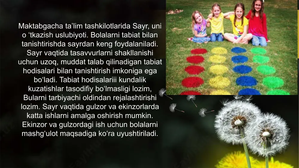katta konstruksiya; osma (gorizontal) shtangalar; muvozanat bruslari; yuqori / pastki platformalar va ko’priklar; podyomlar; arg’imchoqlar; gorkalar; tunnellar; erkin qismlar. o’lchami bo’yicha bolalarning yoshiga mos keladigan turli jihozlarning bo’lishi, jihozning bolalar soni uchun yetarliligi o’yingohni xavfsiz va qulay qilishda muhim omil hisoblanadi . sayrni rejalashtirish 1.tabiatdagi ijtimoiy xayotdagi vaqea-hodisalarni kuzatish 2.qoidali o’yinlarning vazifasi ko’rsatilgan holda rejalashtiriladi. 3.bolalarni maydonchadagi, polizdagi mehnatini rejalashtirish. 4.bolalar bilan olib boriladigan yakka tartibdagi ishlar. 5.sport o’yinlari. 6.sayrlarni maydoncha bo’ylab va maydoncha tashqarisida ham rejalashtirish. 7.qurilish o’yinlari va ularga kerakli maketlar, qurollar. sayrda bolalarningsyujetli-ro’lli o’yinlari yuzaga kelishi va ularni rejalshtirish. 8. sayr vaqtida tabiiy materiallardan foydalanish. masalan, o’simlik manbalari (barglar, gular, mevalar, ildizlar po’stloqlari va boshqalar hayvonat manbalari (tuhim qobig’i, teri, mo’yna, patlar va boshqalar mineral manbalar(tosh, qum, loy va boshqalar infographic style easy to change colors, photos and text. you can simply impress your audience and add a unique zing and appeal to your reports. 03 02 …