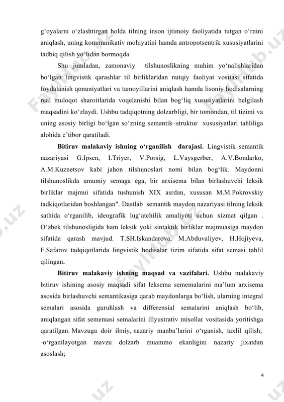 zbek tilshunosligida ham leksik yoki sintaktik birliklar majmuasiga maydon sifatida qarash mavjud. t.sh.iskandarova, m.abduvaliyev, h.hojiyeva, f.safarov tadqiqotlarida lingvistik hodisalar tizim sifatida sifat semasi tahlil qilingan. bitiruv malakaviy ishning maqsad va vazifalari. ushbu malakaviy bitiruv ishining asosiy maqsadi sifat leksema sememalarini ma’lum arxisema asosida birlashuvchi semantikasiga qarab maydonlarga bo‘lish, ularning integral semalari asosida guruhlash va differensial semalarini aniqlash bo‘lib, aniqlangan sifat sememasi semalarini illyustrativ misollar vositasida yoritishga qaratilgan. mavzuga doir ilmiy, nazariy manba’larini o‘rganish, taxlil qilish; -o‘rganilayоtgan mavzu dolzarb muammo ekanligini nazariy jixatdan asoslash; -ingliz tilida sifat semasining turli xil leksik vositalarning nutqda faollashuvi grammatik, leksik, semantik-struktur jixatlarini tahlil qilish. bitiruv malakaviy ishning obyekti va materiallari. xx –xxi asrda yashab ijod etgan ingliz yozuvchi va shoirlarining asarlaridan olingan misollardan iborat. bundan tashqari, qarshi davlat universitetining bibliotekasining leksikologiya va leksikografiya bo‘limi kartotekasidan ham foydalanildi. bitiruv malakaviy ishning predmeti. ingliz tilidagi sifatlarning semantik maydonlari va ularning tematik bo‘linishlari, semantik strukturasi, uning boshqa xususiyatlarini …