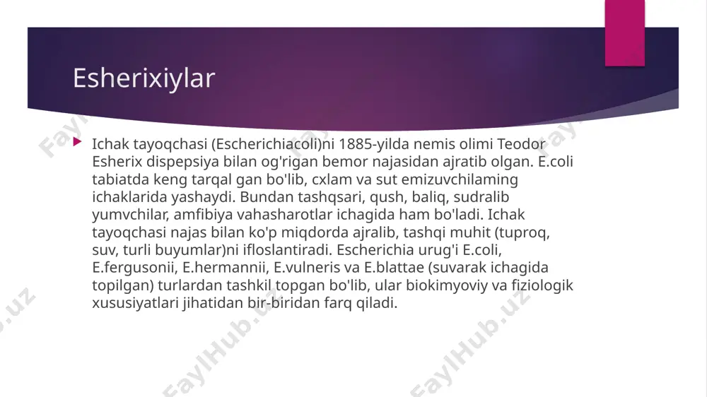 faoliyatini saqlab qoladi, ammo past haroratda o'sishi to'xtaydi. ular go'sht-peptonli agarda shakli yumaloq, rangi tiniq va yaltiroq, chetlari esa bo'rtgan, diametri 1- 2 mm li s-shakldagi koloniyalar hosil qiladi. lekin mutatsiyalar hisobiga r-shaklga ega koloniyalar ham vujudga kelishi mumkin, bu holda ular asosiy biologik xususiyatlarini yo'qotadi. go'sht-peptonli bulonda bir xil quyqa, so'ng cho'km a hosil qilib ko'payadi. ichak tayoqchasi differensial oziq muhitlarda ularning tarkibiga ko'ra turli rangdagi koloniyalami hosil qiladi. masalan: endo muhitidagi to'q qizil yaltiroq koloniyalar, muhit tarkibidagi laktozani ichak tayoqchasi parchalaganligi hisobiga hosil bo'iadi. fermentativ xususiyati. ichak tayoqchasi fermentativ xususiyatiga ko'ra juda faol bo'lib, laktoza, glyukoza, mannit, maltoza va boshqa uglevodlami kislota va gaz hosil qilib parchalaydi. ammo ichak tayoqchasi shtammlarining 10-12% laktozani parchalamaydi, ular «notipik shtammlar» deb ataladi. bu urug' a’zolari indol hosil qiladi, nitratlarni nitritlargacha qaytaradi, ammo h2s hosil qilmaydi. toksin hosil qilishi ichak tayoqchasi, asosan, endotoksin ajratadi. ichak tayoqchasining ayrim enteropatogen shtammlari 2 xil enterotoksin …