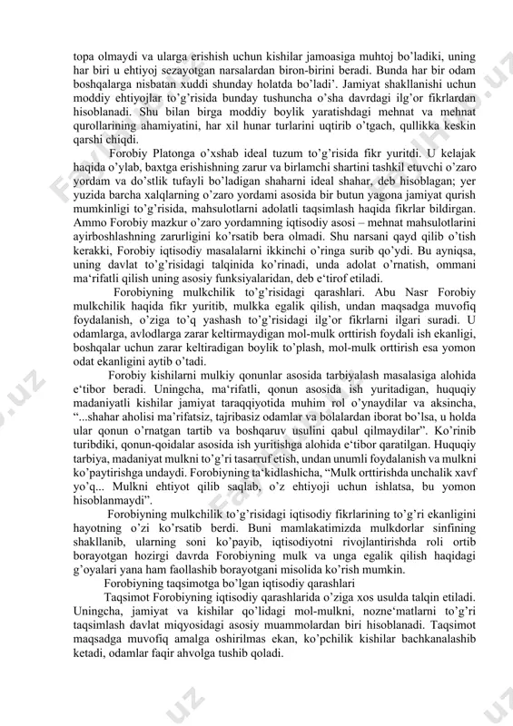 ishgan. tarixiy ma‘lumotlarga qaraganda, bir karvonda 500-1000 tagacha odam, ot, tuya, boshqa ulovlar, savdogarlar bilan birga diplomatlar, elchilar, hajga boruvchilar, harbiy qo’riqchilar bo’lgan. butun yo’l boshidan oxirigacha 120-150 kun davomida bosib o’tilgan. 2. o’rta osiyodagi iqtisodiy g’oyalar o’rta osiyo mustaqil davlatlarining tashkil topishi, yaqin va o’rta sharq mamlakatlari bilan aloqalarning kuchayishi ularning fan va madaniyatining yanada rivojlanishiga katta turtki bo’ldi. o’rta osiyo x– xiv asrlarda sharqda ilg’or ijtimoiy tafakkurlar rivojlangan bir markazga aylandi. bu davrda dunyoga mashhur bo’lgan abu nasr forobiy, abu ali ibn sino, yusuf xos hojib, nizomulmulk, amir temur, a.navoiy, z.bobur va boshqa ko’plab olim va shoirlar, davlat arboblari yetishib chiqdi. ularning asarlarida ham iqtisodiy fikrlar o’z aksini topgan. biz ularni quyida ko’rib chiqamiz. a.forobiyning iqtisodiy fikrlari o’rta asrda ilg’or iqtisodiy fikrlarni ilgari surgan buyuk mutafakkirlardan biri, aristotelning izdoshi, uning asarlarini tahlil qilgan ‘ikkinchi muallim’ abu nasr forobiy (870– 950) hisoblanadi. u ko’p qirrali olim bo’lib, o’z bilimini …