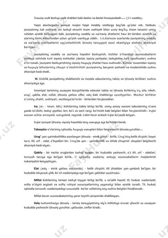 llashtirishni, yangi bosqichga ko’tarishni talab qilmoqda. bu haqda “o’zbekiston respublikasini yanada rivojlantirish bo’yicha harakatlar strategiyasi to’g’risida”gi prezident farmoni (2017-yil 7-fevral)da uqtirilganidek, mamlakatimiz bosib o’tgan taraqqiyot yo’lining chuqur tahlili, bugungi kunda jahon bozori kon’yunkturasi keskin o’zgarib, globallashuv sharoitida raqobat tobora kuchayib borayotgani davlatimizni yanada barqaror va jadal sur’atlar bilan rivojlantirish uchun mutlaqo yangicha yondashuv hamda tamoyillarni ishlab chiqish va ro’yobga chiqarishni taqozo etmoqda[footnoteref:1]. [1: o’zbеkistоn rеspublikаsini yanаdа rivоjlаntirish bo’yichа hаrаkаtlаr strаtеgiyasi to’g’risidа.o’zbеkistоn rеspublikаsi prеzidеntning fаrmоni (2017-yil 7-fеvrаl). - “хаlq so’zi” gаz-si, 2017 yil 8-fеvrаl ] bu sohada prezidentimiz shavkat mirziyoev tomonidan amalga oshirilayotgan chora-tadbirlar, vatanimiz istiqbolini ko’zlab olg’a surilayotgan kontseptual g’oya va fikrlar keng ko’lamli tub islohotlarni ro’yobga chiqarishning nazariy va amaliy asosi, yo’riqnomasi vazifasini o’tamoqda. prezidentimizning 2017 yil 7 fevraldagi farmoni bilan tasdiqlangan “2017-2021 yillarda o’zbekiston respublikasini rivojlantirishning beshta ustuvor yo’nalishi bo’yicha harakatlar strategiyasi” mamlakatimiz hayotining barcha sohalarini yangi, yanada yuksak marralarga olib chiqishning aniq dasturi bo’lib, unda belgilab berilgan …