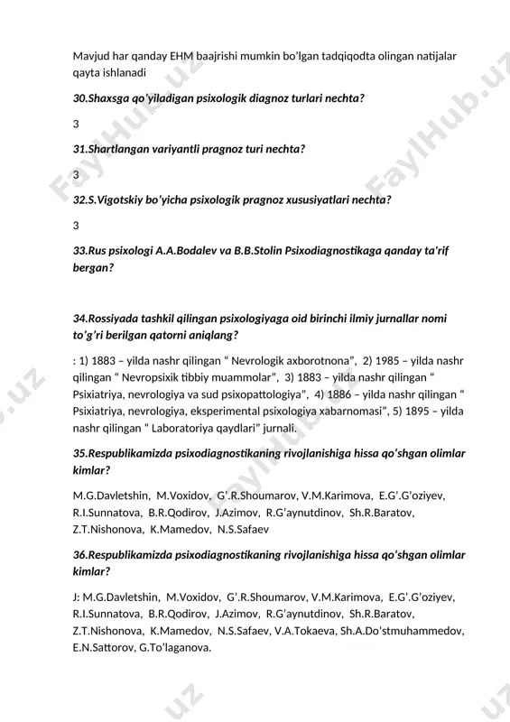 yatining asosiy yo’nalishlari to’g’ri berilgan qatorni aniqlang? 4ta 43.psixologik xizmat faoliyatining asosiy yo’nalishlari nechta? 1) psixoprofilaktika 2) psixologik maorif va ma`rifat 3) psixodiagnostika 4) psixik rivojlantirish va ... 44.psixologik testlarning qadr-qimmati belgilovchi sifatlar berilgan qatorni aniqlang? testni tatbiq etish sharoitlari va natijalarini standartlashtirilganligi operativlik va tejamkorlik baholarning miqdoriy differentsiyalashgan xarakterga egaligi 45.psixologik testlarning qadr-qimmati belgilovchi nechta sifatlar mavjud? 3ta 46.psixologik testlarning kamchiliklari to’g’ri berilgan qatorni aniqlang? 5ta ommaviyligi profanatsiya xavfi individual yondashuv ishonchlilik sharoitlari bo’lmasligi noodekvat murakkabligi 47.psixologik test natijalarini nazorat qilish qaysi omillarga bog’liq? j: 1) asbob – uskunalarning o’lchov sifati, 2) psixoogik testlarning doimiy relevant tavsifi, 3) sinaluvchining ko’rsatmalarni to’g’ri tushunish, 4) sinaluvchining xulqi, xatti – harakati, 5) sinaluvchining dolzarb psixologik holati. 48.psixologik test natijalarini nazorat qilish omillari nechta? 5ta 49.psixologik tashviqot nima? j: keng ommaga psixologik bilimlarni yoyish va targ’ib qilish bilan bog’liq bo’lgan amaliy psixologiya sohasi. 50.psixologik pragnoz turi to’g’ri berilgan qatorbni aniqlang? klinik va statistik …