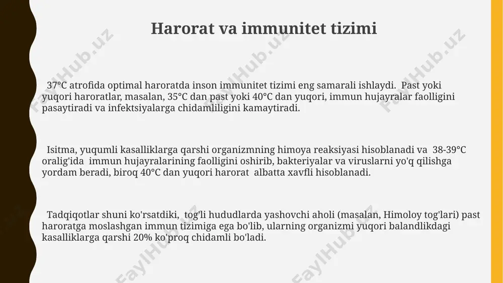 kentlikning 70 foizida tana harorati ko'rsatkichlarining o'zgarishi kuzatilgan. haroratning hayot uchun ahamiyati arktika mintaqalarida yashovchi qutb ayiqlarida, -40°c gacha bo'lgan sovuq haroratlarda ham hayot faoliyatini davom ettirish uchun maxsus issiqlik izolyatsiyasi mexanizmlari mavjud. bu ularning yog' qatlami va junining tuzilishi bilan bog'liq. inson tanasining optimal harorati 37°c atrofida bo'lib, bu fermentlarning faolligi va hujayra jarayonlarining samarali o'tishi uchun muhimdir. agar harorat 40°c dan oshsa, oqsillar denaturatsiyaga uchraydi va o'limga olib kelishi mumkin. sahroi kabirdagi ba'zi sudralib yuruvchilar, kunduzi 50°c dan yuqori haroratlarda ham faol bo'lishlari mumkin, chunki ular termoregulyatsiya qobiliyatiga ega bo'lib, tana haroratini muhit haroratiga moslashtiradilar. yuqori harorat ta'siri 50°c dan yuqori haroratda ko'plab fermentlar faoliyati to'xtaydi, bu esa metabolik jarayonlarning sekinlashishiga va organizmning issiqlik zarbasiga olib kelishi mumkin, xususan, tropik mintaqalarda. yuqori harorat, 40°c dan yuqori bo'lganda, oqsillarning denaturasiyasiga olib keladi, bu esa hujayra faoliyatining buzilishiga va o'limga sabab bo'ladi, masalan, sahroi kabirda yashovchi organizmlarda. yuqori harorat ta'siri …