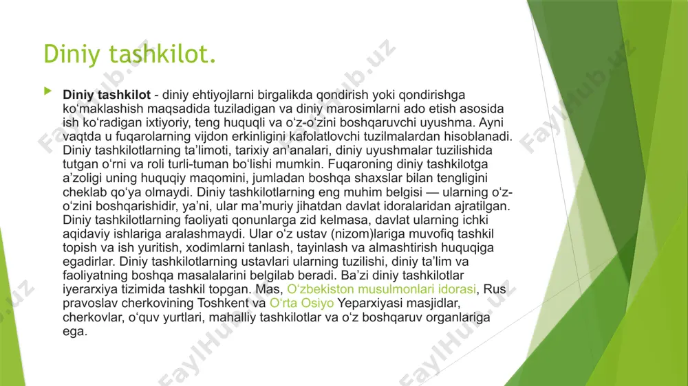 i, pul va b. mulklar boʻlishi mumkin. diniy tashkilotlarning mulkiy huquqi qonun tomonidan himoya qilinadi. diniy tashkilot tushunchasi diniy tashkilot – diniy ehtiyojlarni birgalikda qondirish yoki qondirishga ko'maklashish maqsadida tuziladigan va diniy marosimlarni ado etish asosida ish ko'radigan ixtiyoriy, teng huquqli va o'z-o'zini boshqaruvchi uyushma. ayni vaqtda diniy tashkilotlar fuqarolarning vijdon erkinligini kafolatlovchi tuzilmalardan hisoblanadi. diniy tashkilotlarning ta'limoti, tarixiy an'analari, diniy uyushmalar tuzilishida tutgan o'rni va roli turli-tuman bo'lishi mumkin. fuqaroning diniy tashkilotga a'zoligi uning huquqiy maqomini, jumladan boshqa shaxslar bilan tengligini cheklab ko'ya olmaydi. diniy tashkilotlarning eng muhim belgisi – ularning o'z-o'zini boshqarishidir, ya'ni, ular ma'muriy jihatdan davlat idoralaridan ajratilgan. diniy tashkilotlarning faoliyati qonunlarga zid kelmasa, davlat ularning ichki aqidaviy ishlariga aralashmaydi. ular o'z ustav va nizomlariga muvofiq tashkil topish va ish yuritish, xodimlarni tanlash, tayinlash va almashtirish huquqiga egadirlar. diniy tashkilotlarning ustavlari ularning tuzilishi, diniy ta'lim va faoliyatning boshqa masalalarini belgilab beradi. ba'zi diniy tashkilotlar iyerarxiya tizimida tashkil …